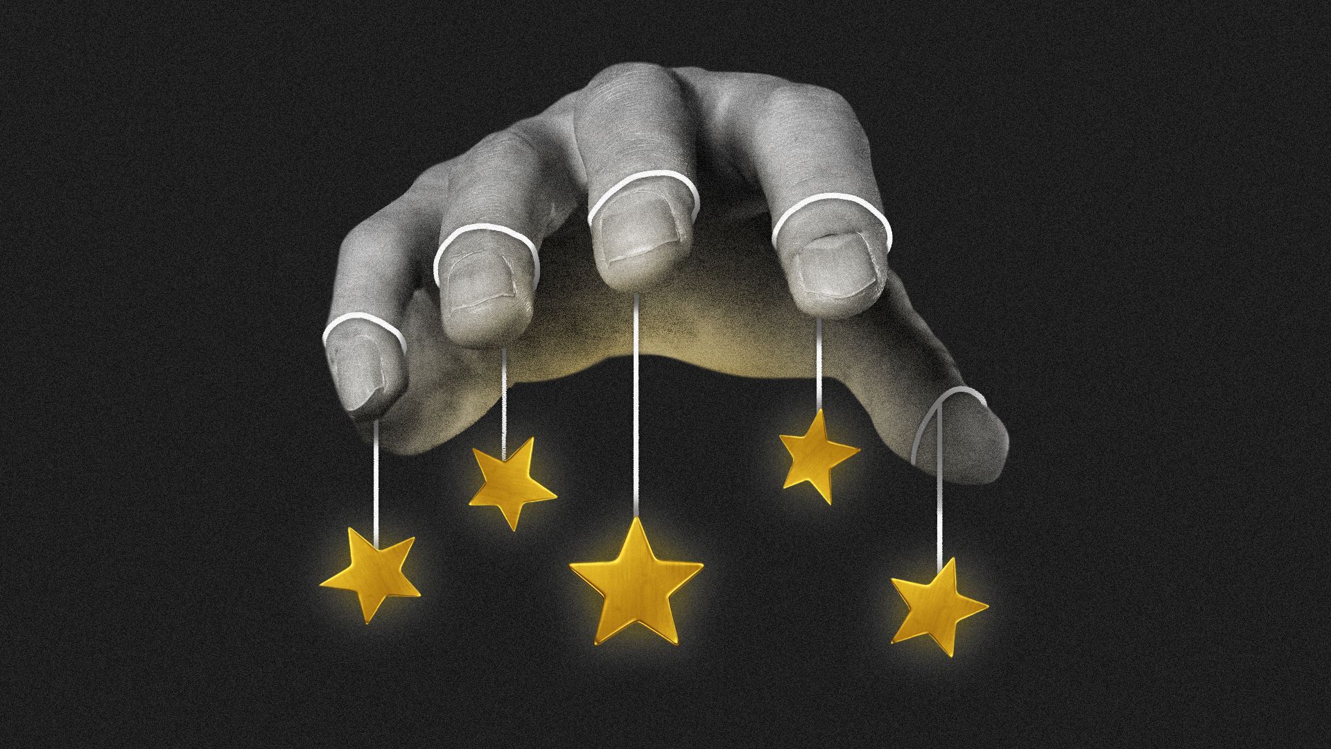 Illustration of an outstretched hand with strings on each finger attached to glowing stars hanging below it