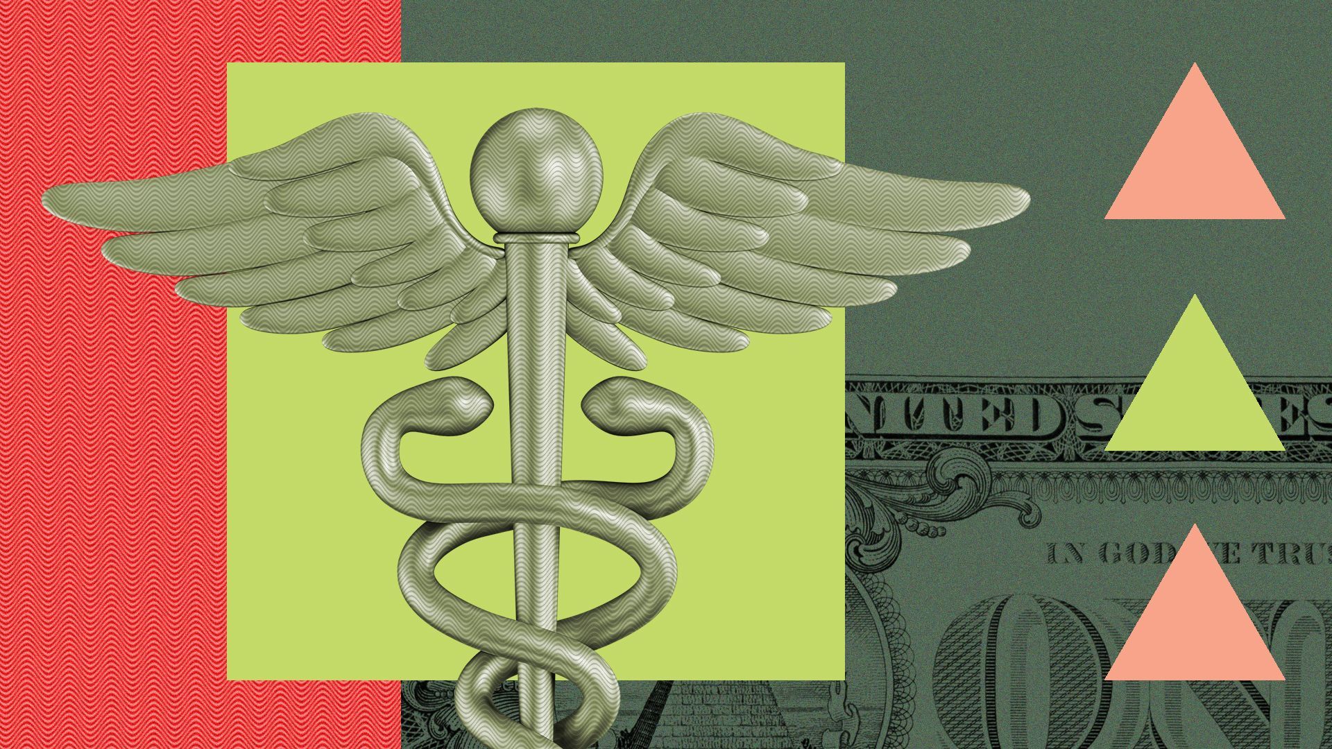 an illustration of a caduceus surrounded by cutouts of money and colorful shapes