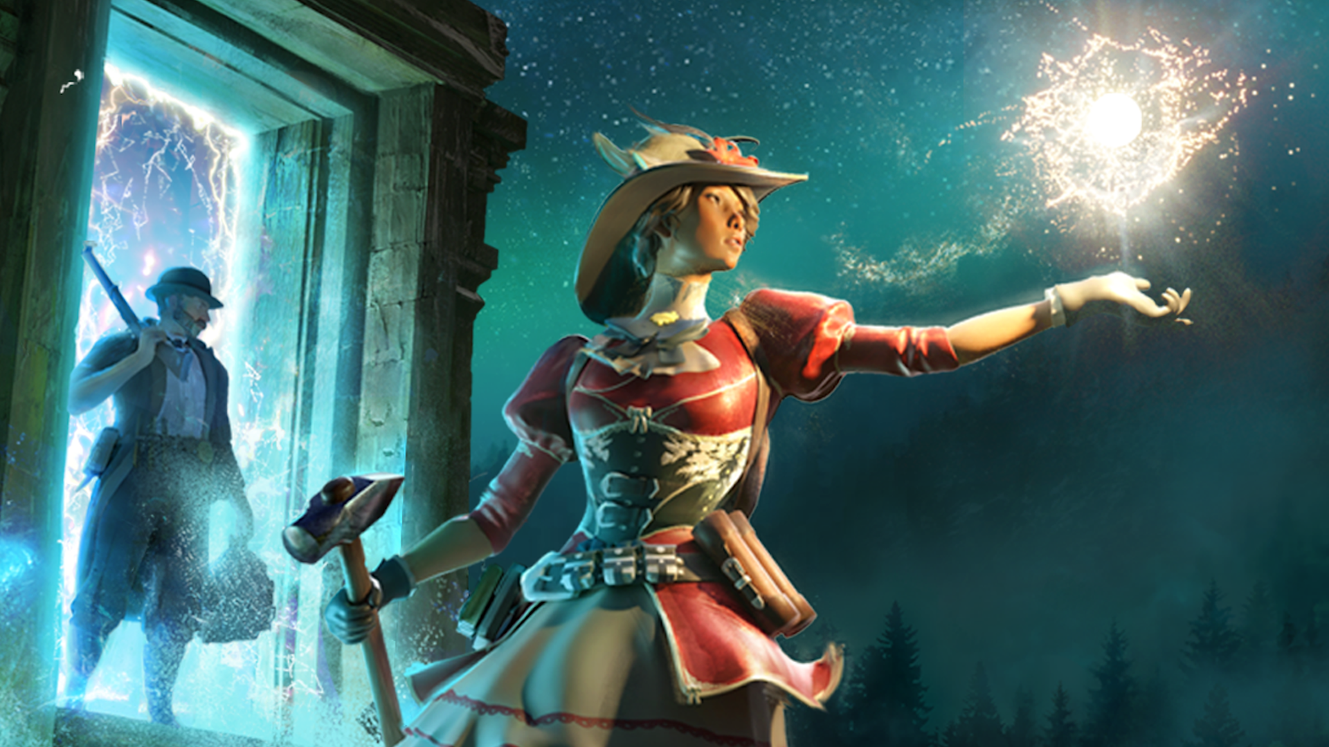 Art of a woman in a Victorian dress holding a hammer while a man in a bowler hat stands behind her in a glowing doorway