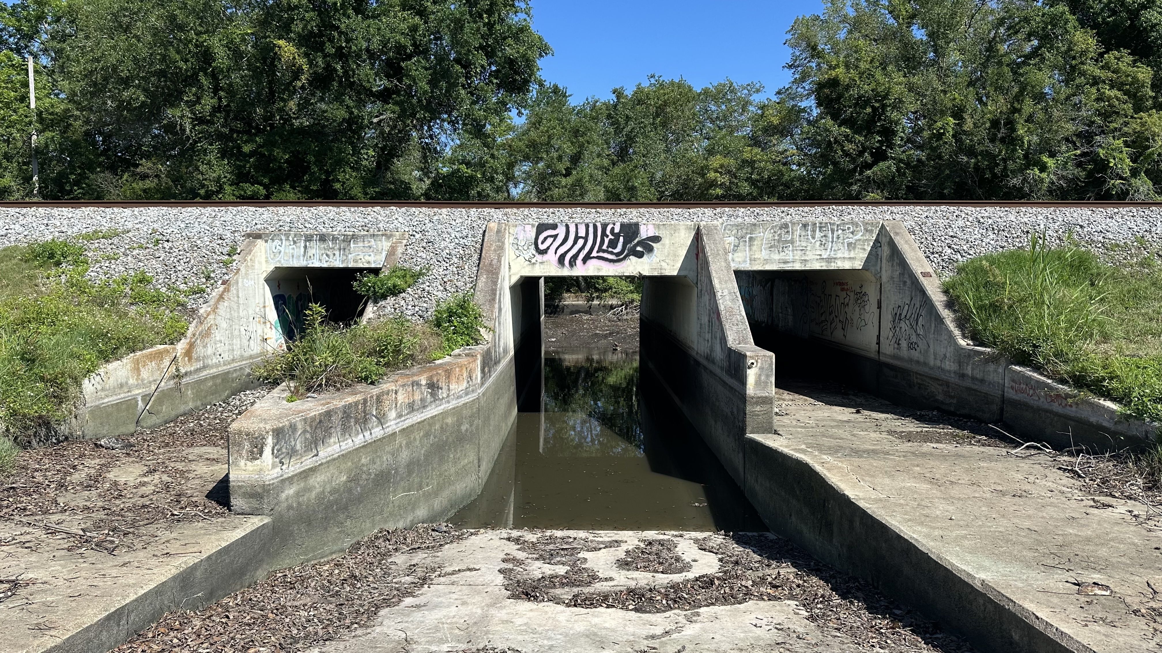 Three concrete drainage tunnels under a railroad, with some water in the middle tunnel and graffiti on the walls. Green trees and blue sky in the background.