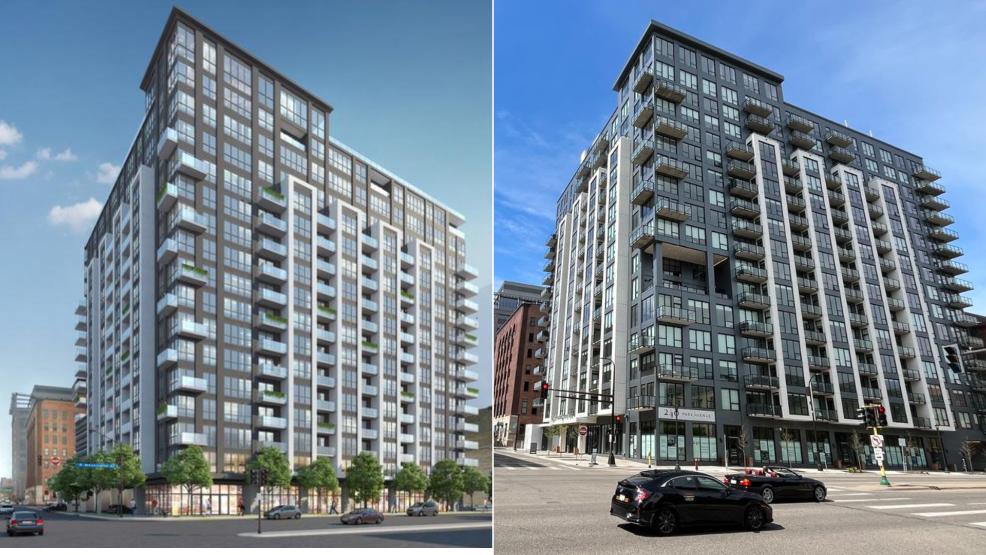 An image of a rendering of a downtown Minneapolis apartment tower, next to a photo of the actual building after construction completed.