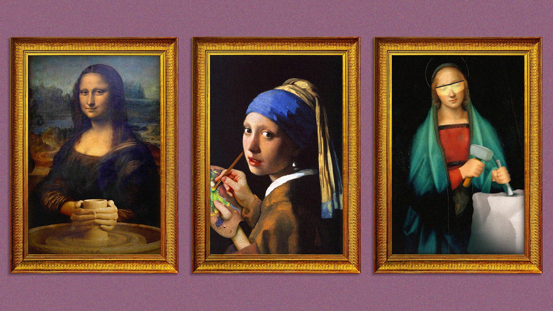 Illustration of paintings of the Mona Lisa making pottery, the Girl with the Pearl Earring painting, and Madonna Granduca chiseling stone.