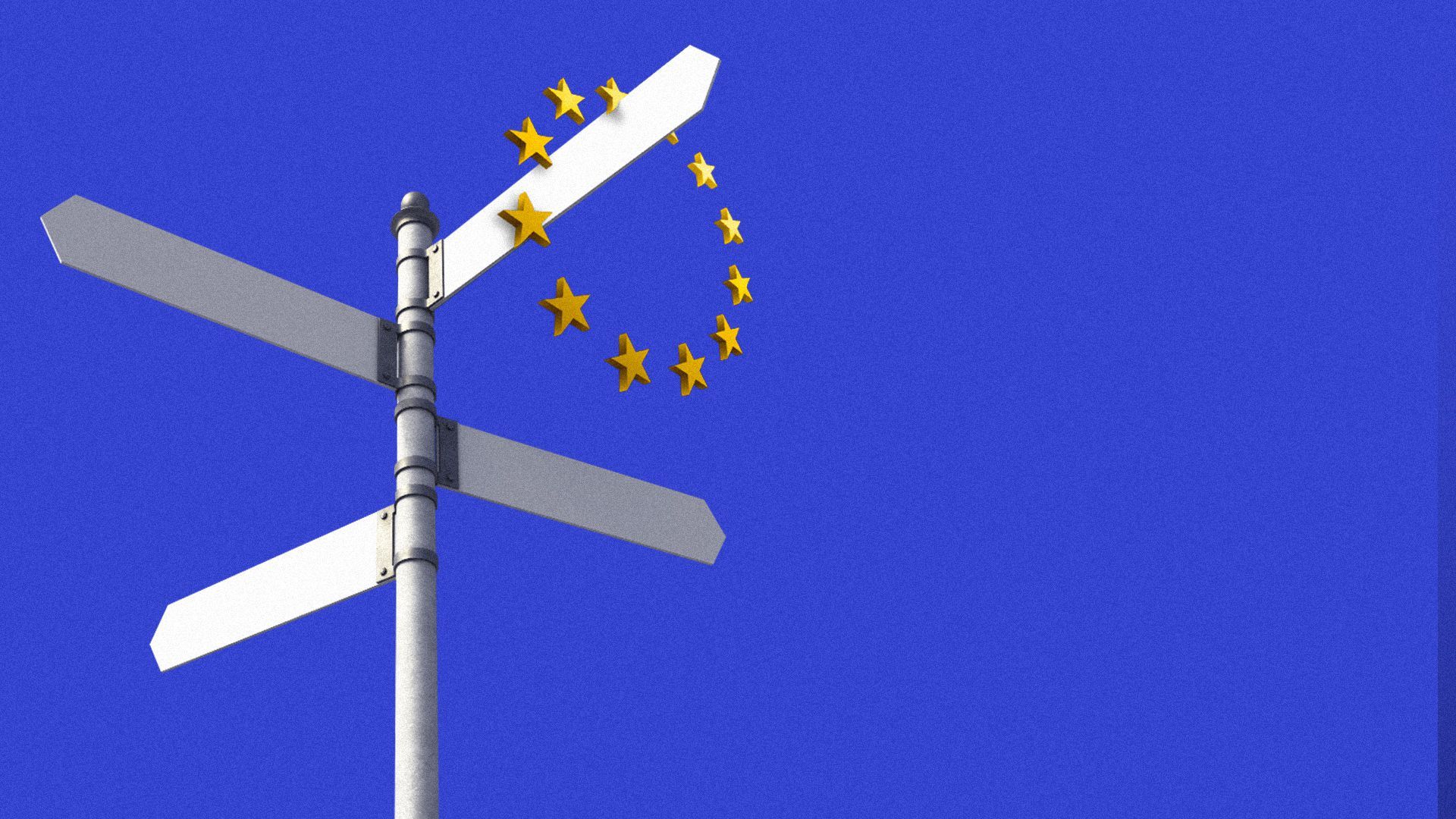 Illustration of a crossroads sign with the EU circle of stars hanging from one of the directional arrows.  