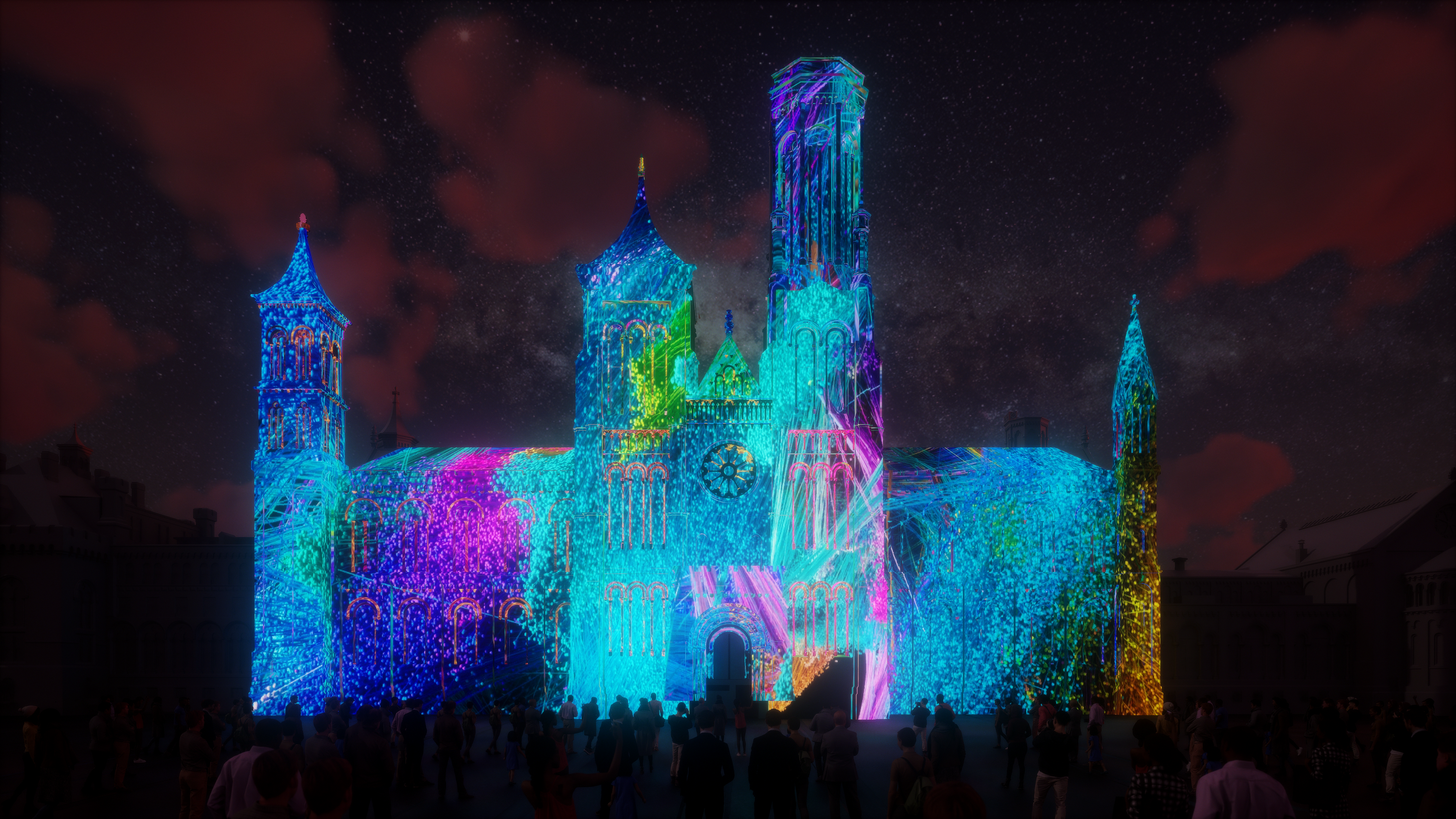 Night scene of a grand cathedral-like building lit by vibrant rainbow light projections on its facade, with a crowd watching; starry sky with red-tinged clouds in the background.