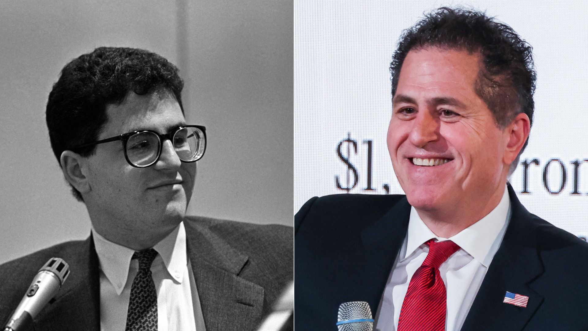 Side-by-side photos of a man: on left in black-and-white wearing glasses and suit, on right in color smiling, wearing a dark suit, white shirt, red tie, and American flag pin, holding a microphone.