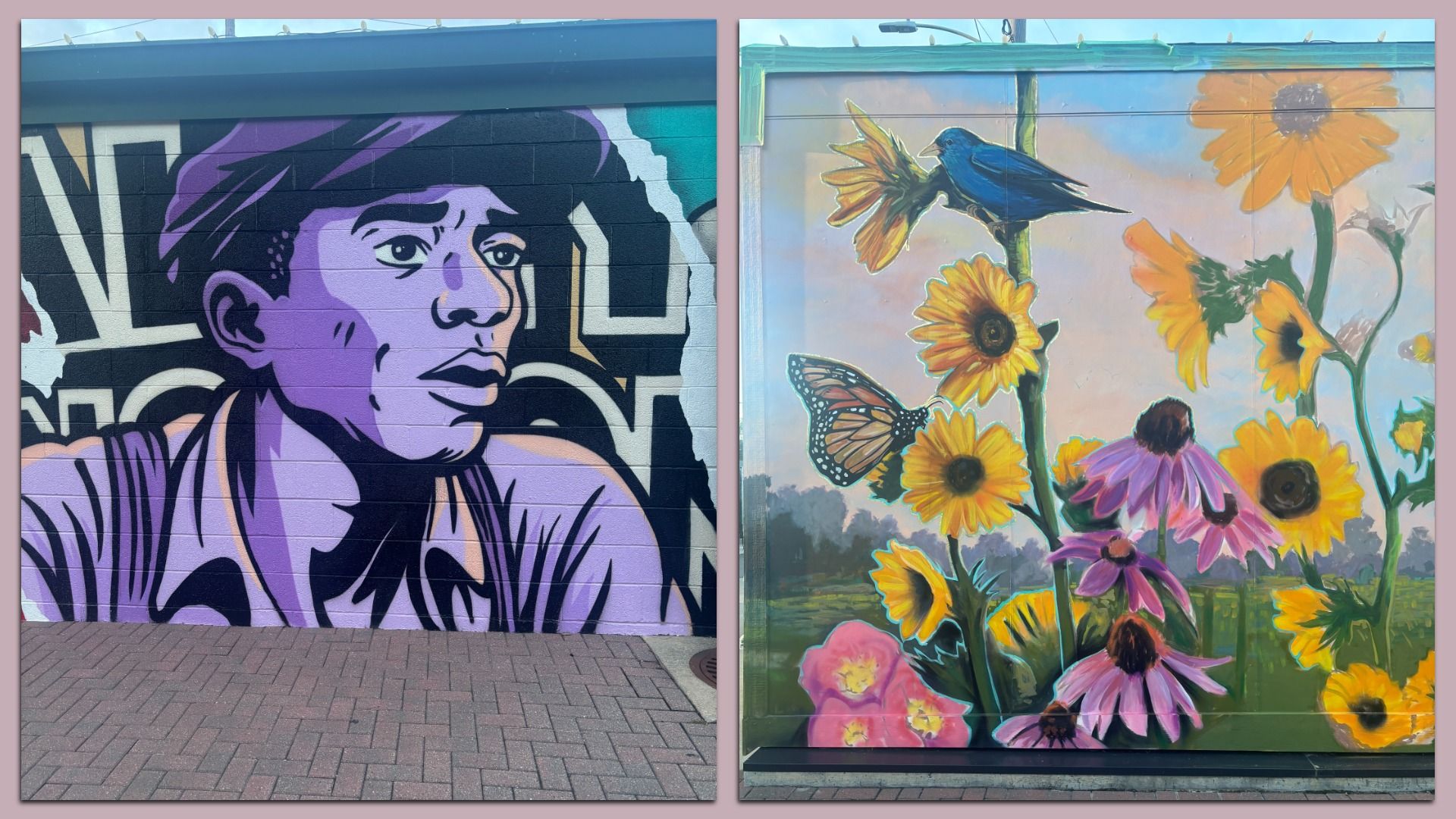 Two murals: left shows a purple-toned, stylized portrait of a man with bold black outlines; right shows sunflower-filled scene with a bluebird, butterfly, and bright sky.