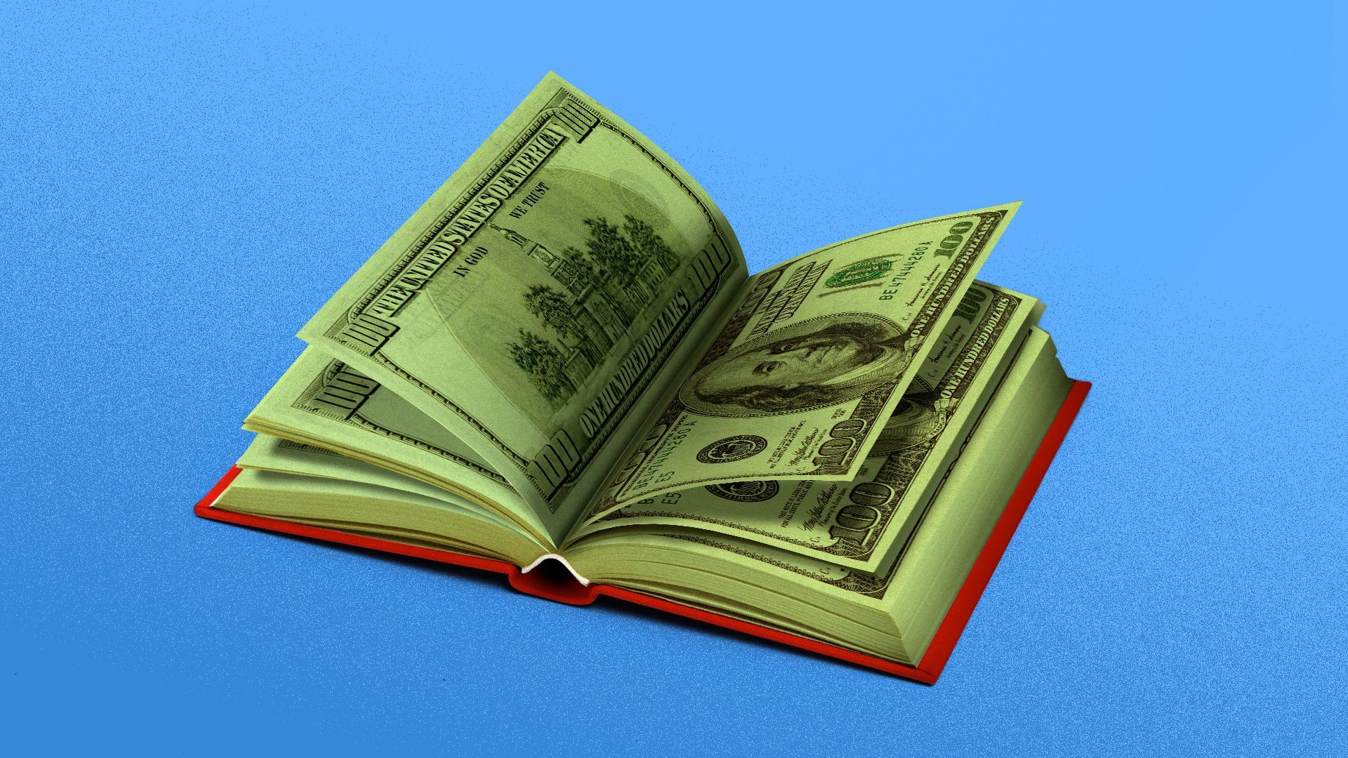 Illustration of a book with the pages made of money. 