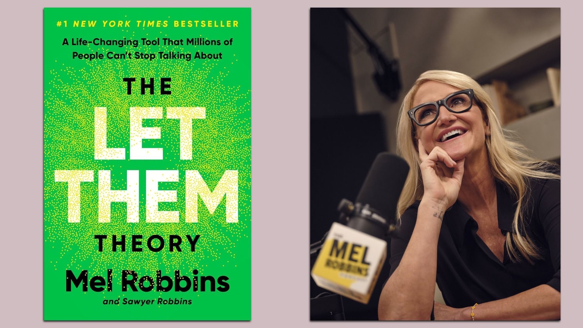 Book cover of "The Let Them Theory" by Mel Robbins with a bright green background and yellow specks; a photo of Mel Robbins
