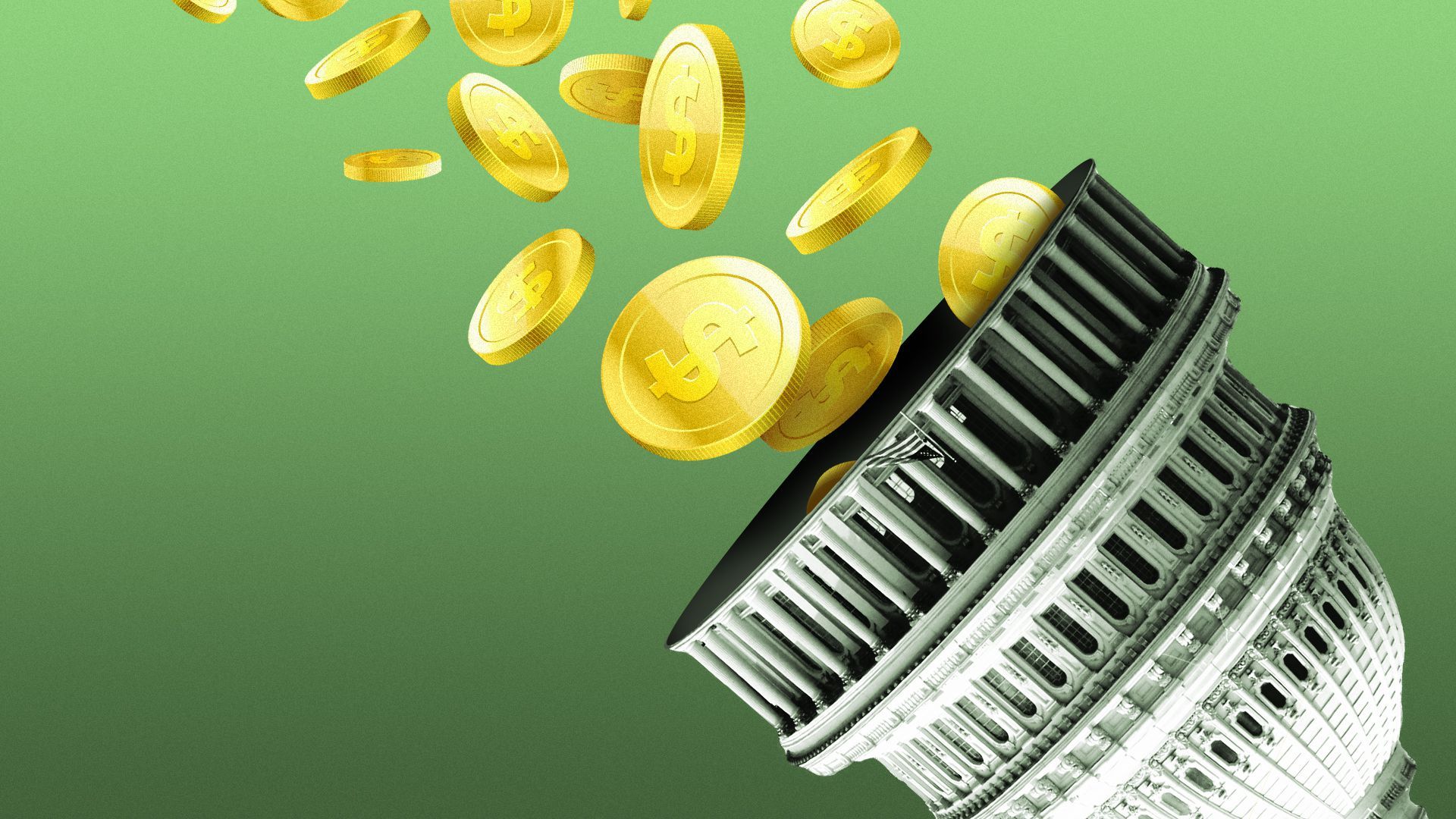 Illustration of coins streaming into a cup made from the U.S. Capitol Dome. 