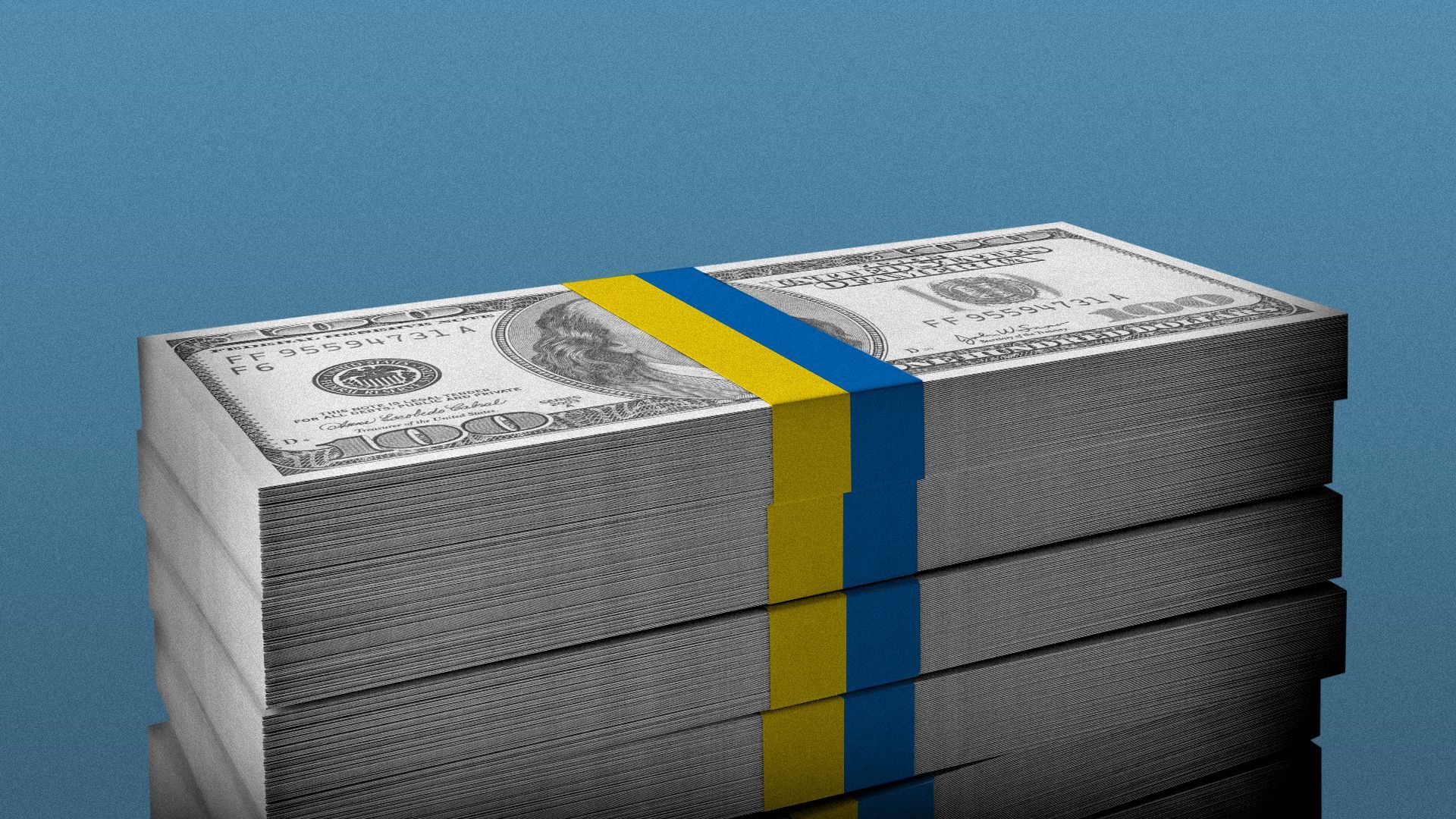 Illustration of a large stack of hundred dollar bills wrapped in the Ukrainian flag colors. 