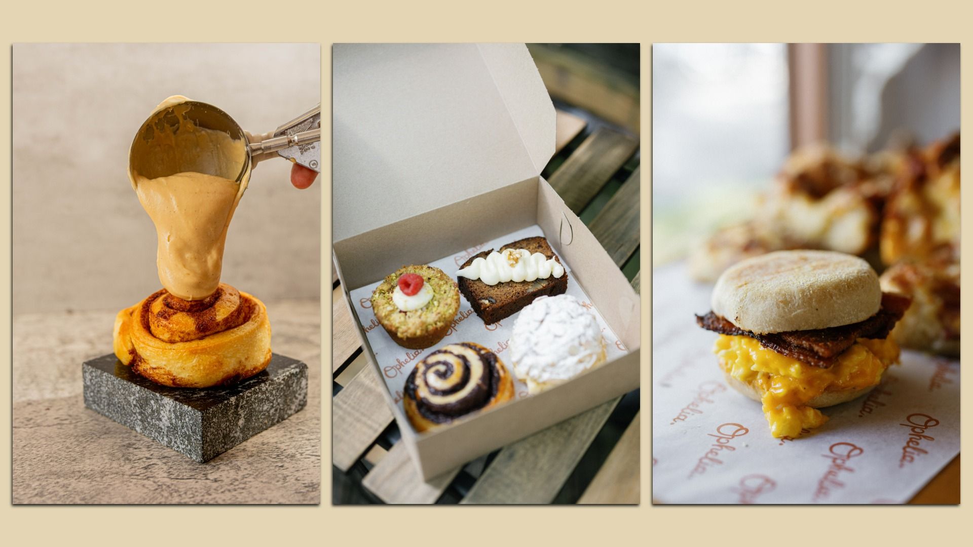 Three-panel collage: left shows coffee icing poured over a cinnamon; middle opens a box of assorted desserts; right features a breakfast bacon, egg, and cheese sandwich on a english muffin