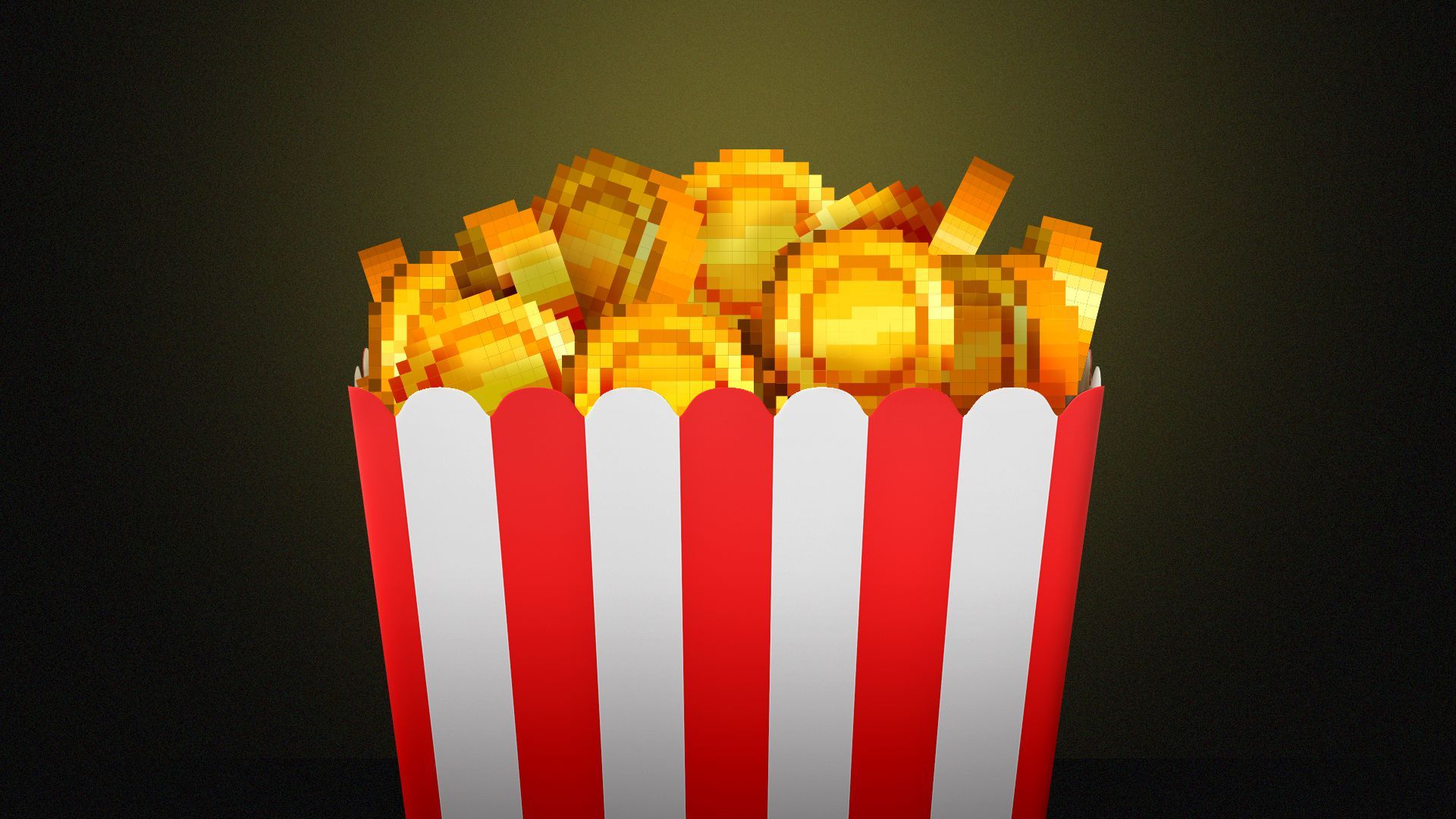 Illustration of a popcorn box filled with pixelated coins