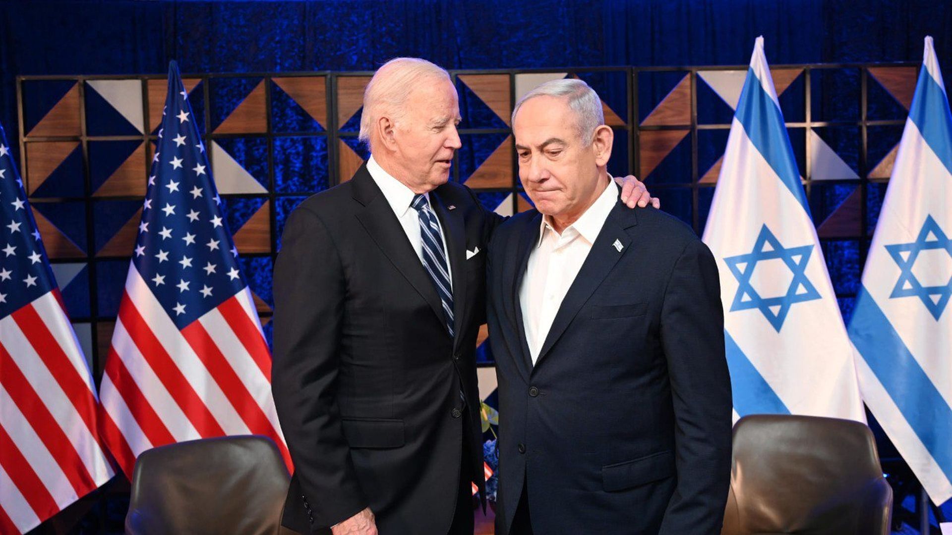 President Biden and Israeli Prime Minister Benjamin Netanyahu meet in Tel Aviv, Israel, on Oct. 18. Photo: Handout/GPO/Anadolu via Getty Images