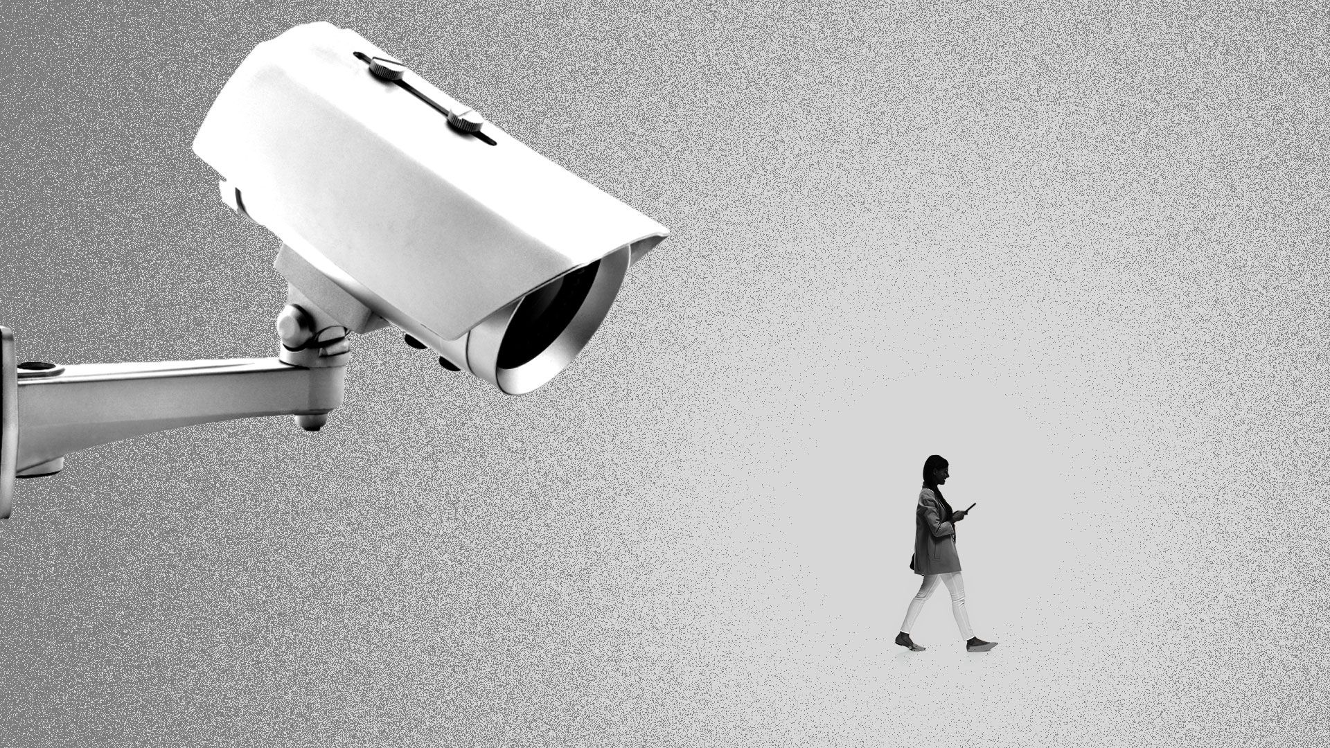 Illustration of a giant security camera watching a small person on their cell phone.