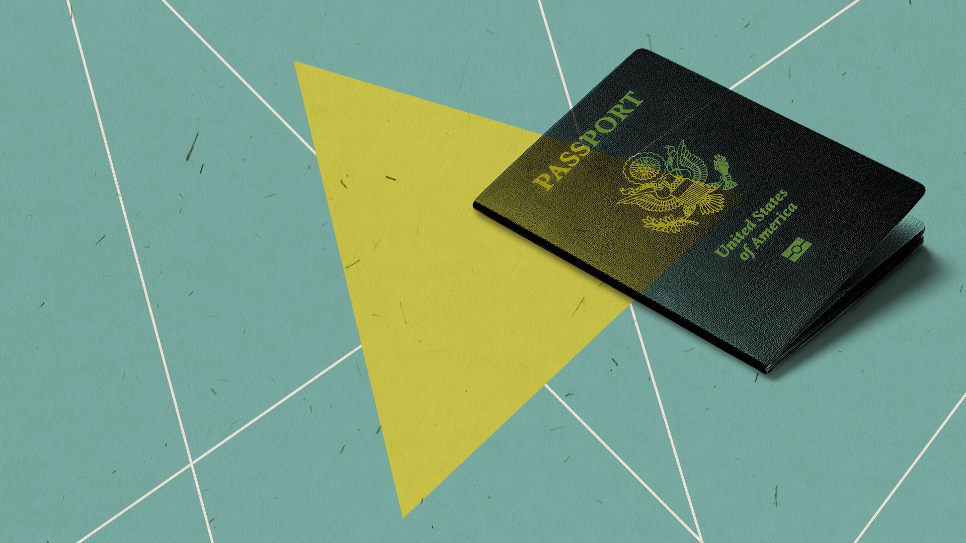 Illustration of a passport surrounded by geometric shapes and lines. 