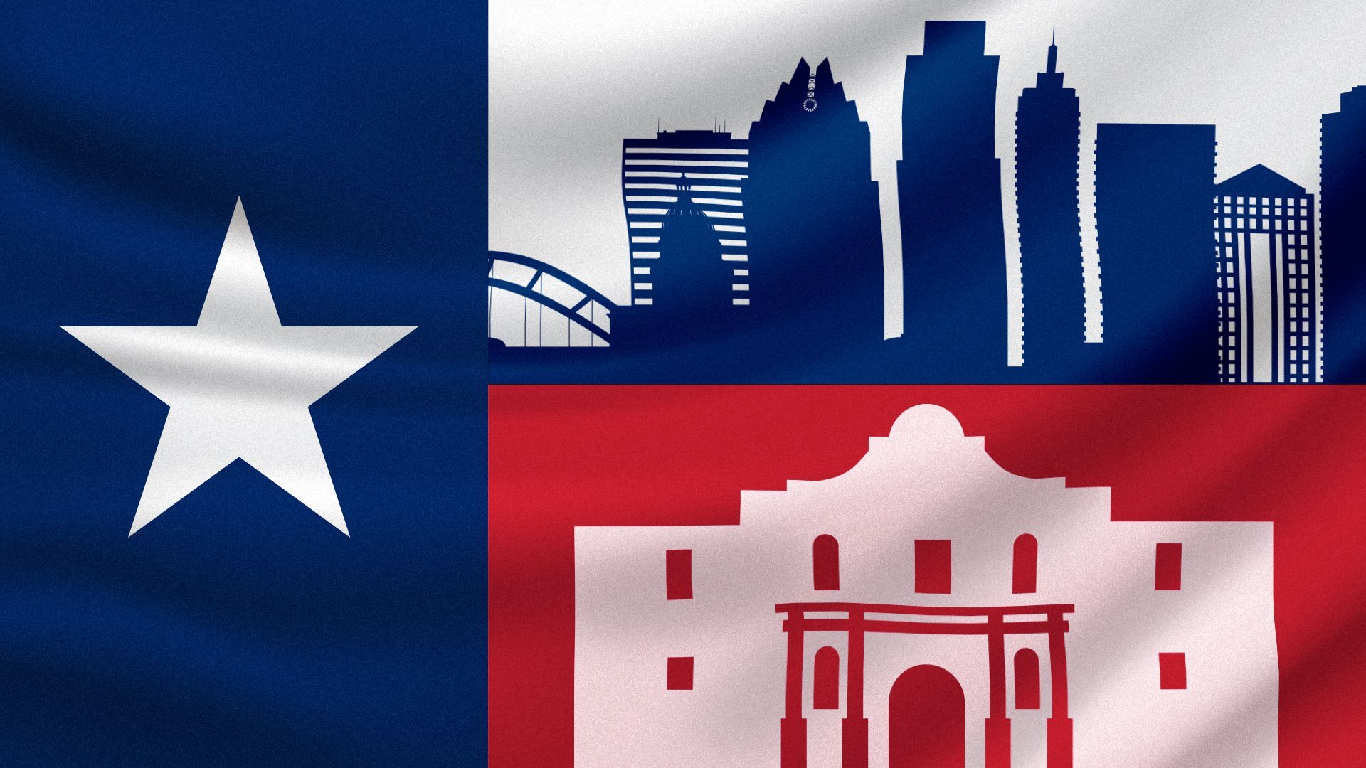 Illustration of the Austin skyline and the Alamo on the Texas flag.