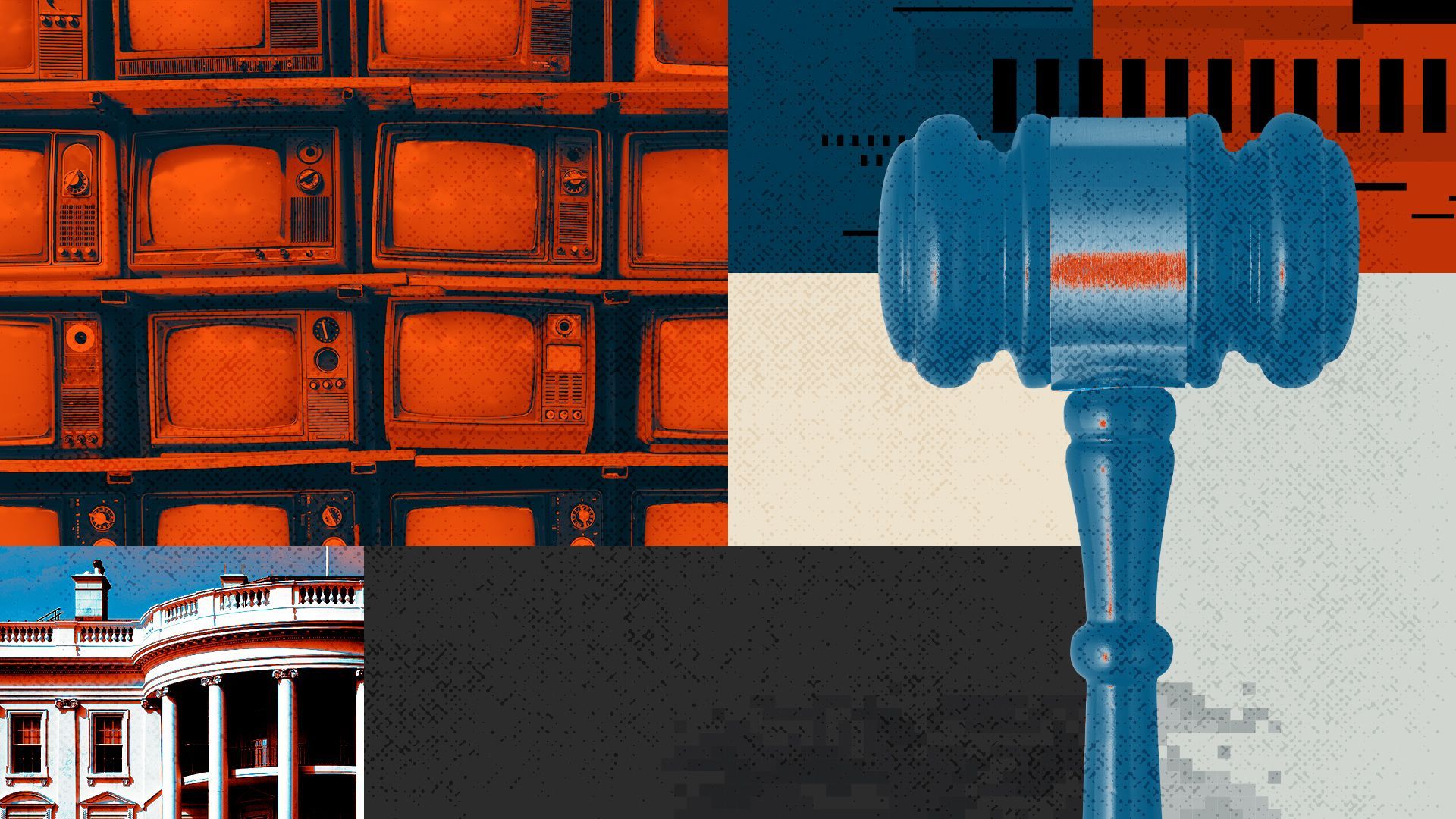 Illustrated collage of stacks of televisions, the White House, and a giant gavel, surrounded by abstract squares and static. 