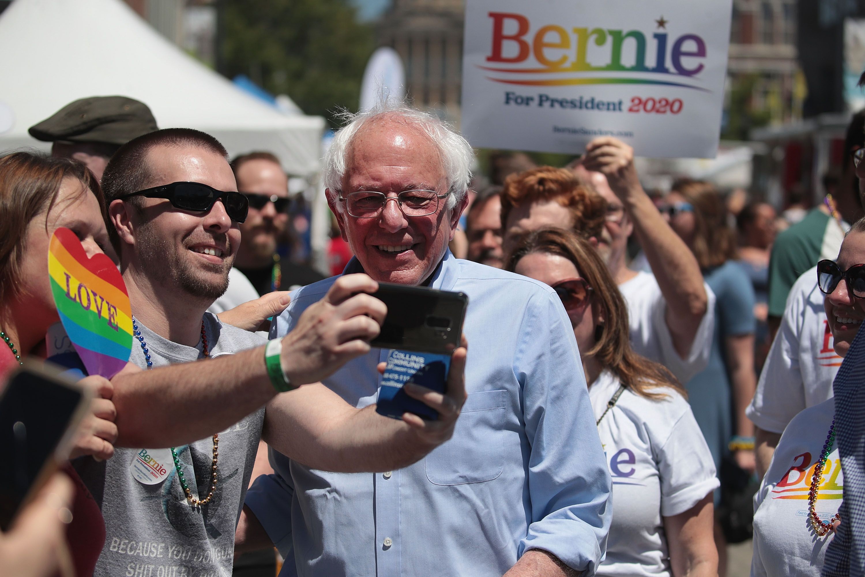 Democratic presidential candidate Senator Bernie Sanders (I-VT) greets people during a campaign stop at the Capital City Pride Fest on June 08, 2019.