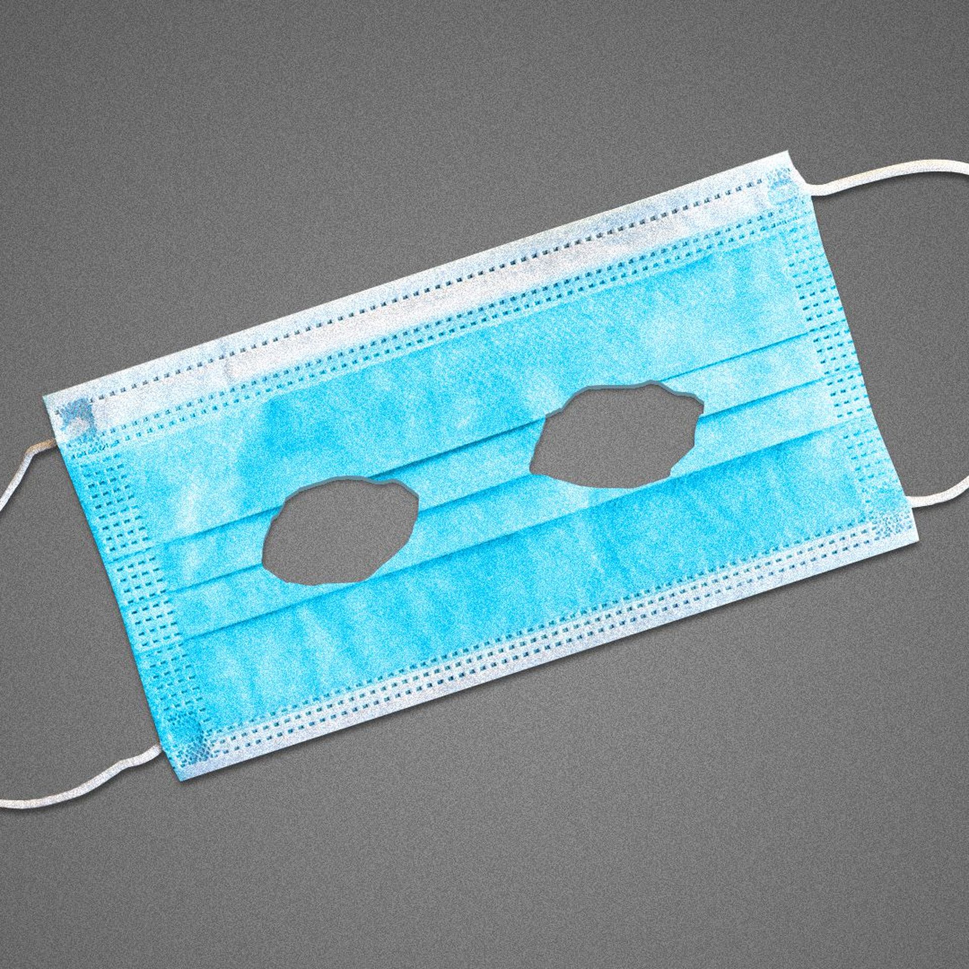 Illustration of a surgical mask with eye holes cut out. 
