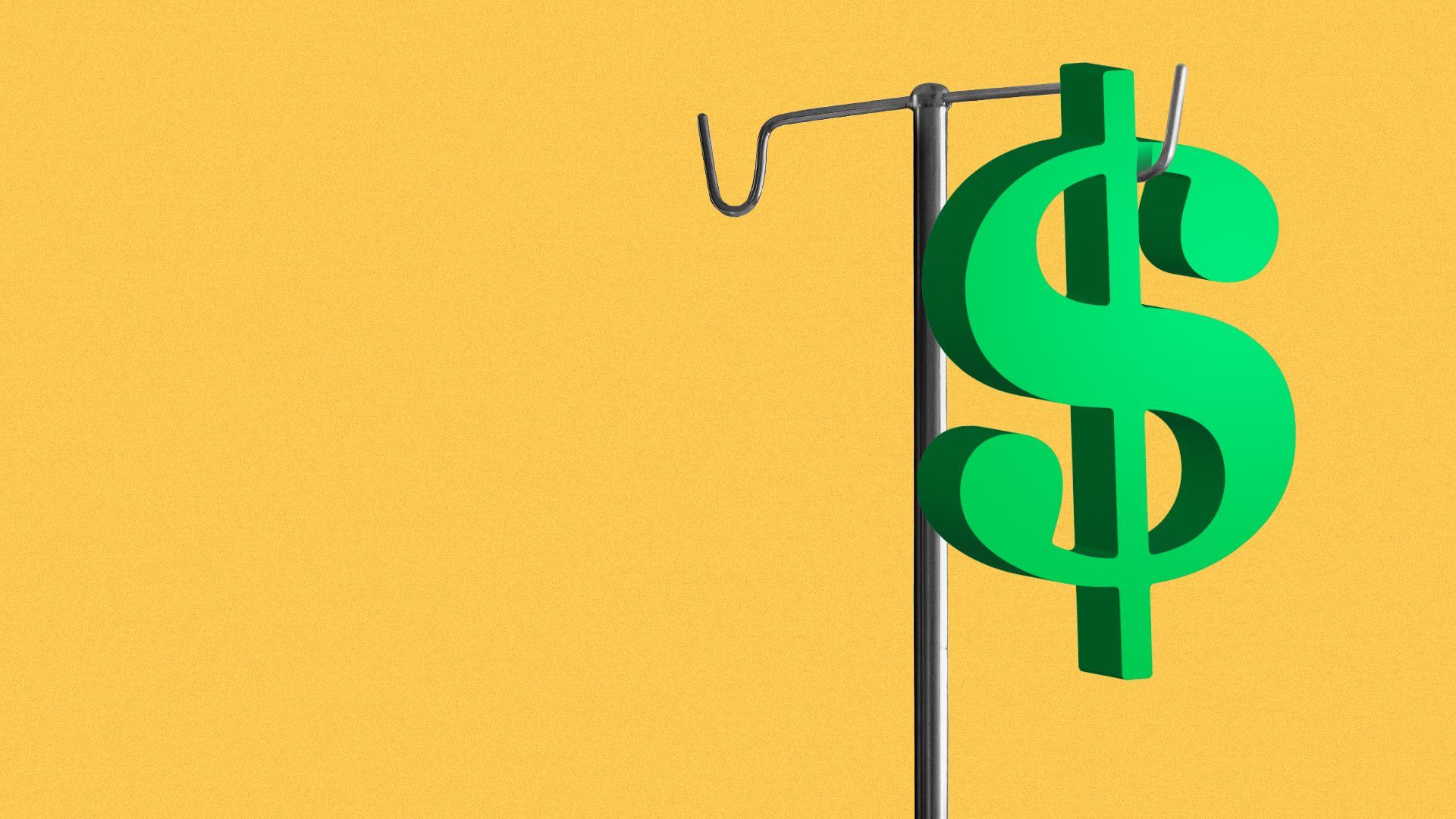 Illustration of a dollar sign hanging on an IV stand. 