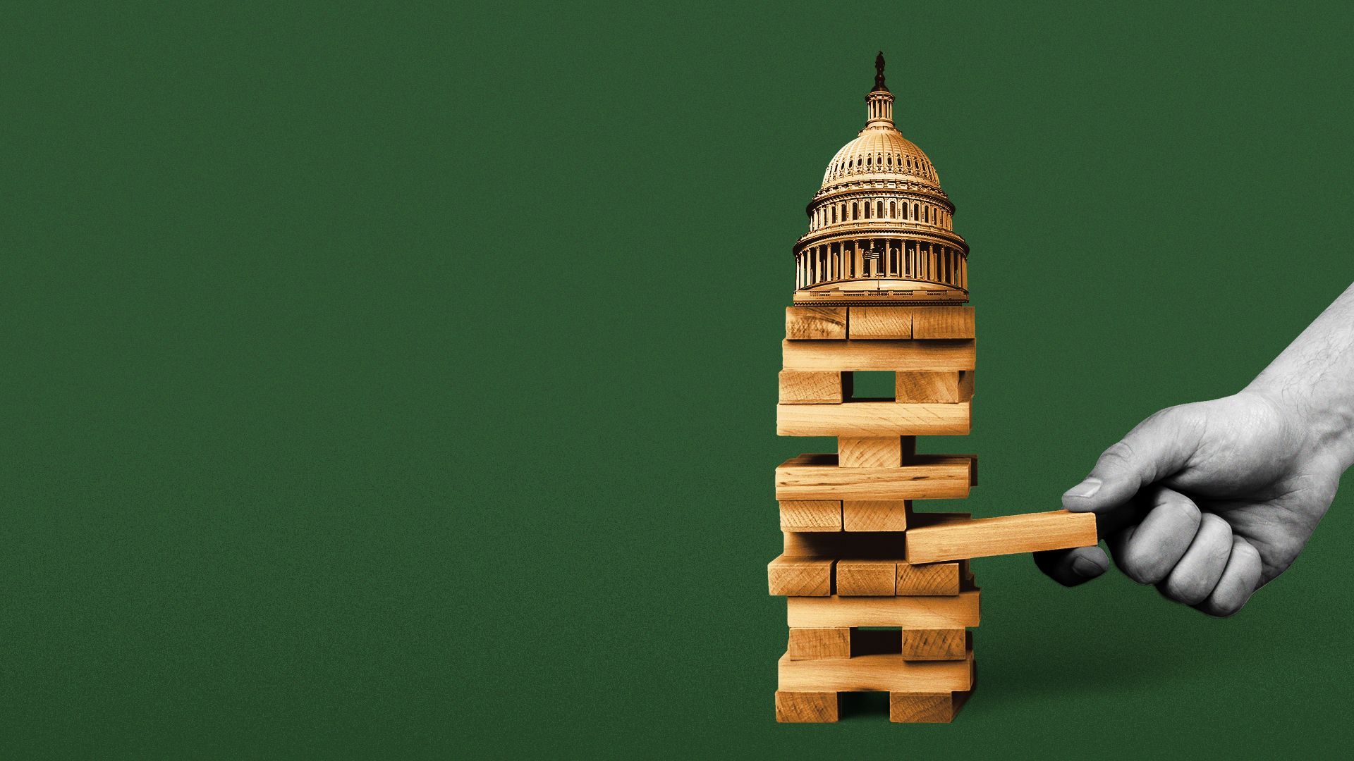 Illustration of the Capitol Dome on top of a Jenga tower with a hand pulling out a block.