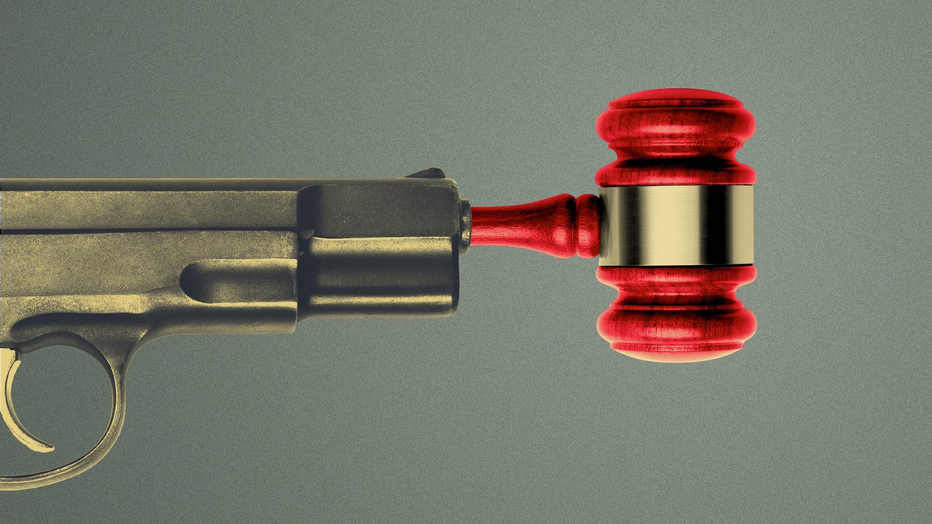 Illustration of a gun stopped up by a gavel. 