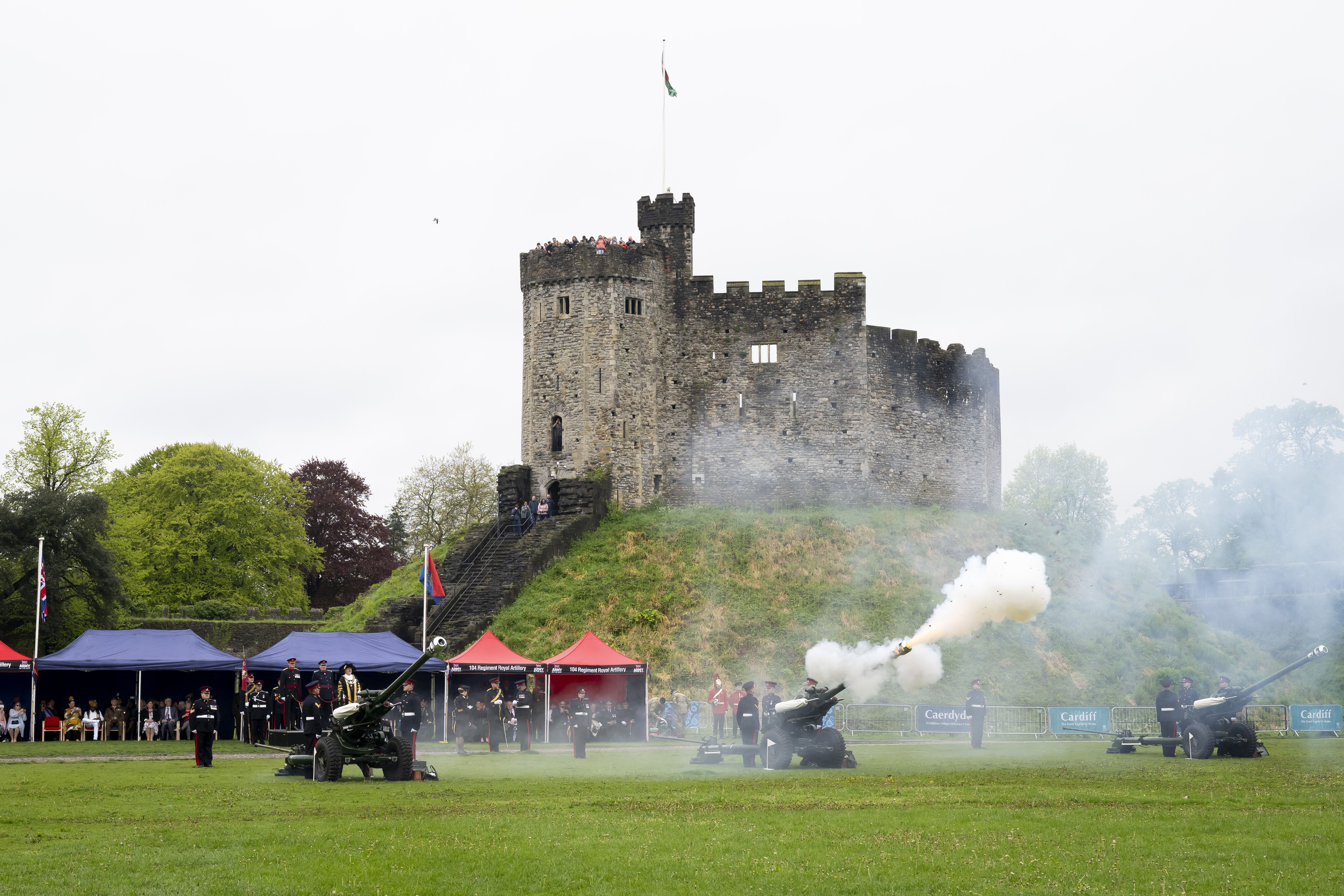 The 104 Regiment Royal Artillery fire rounds at Cardiff Castle during the Coronation of King Charles III and Queen Camilla on May 6, 2023 in Cardiff, Wales