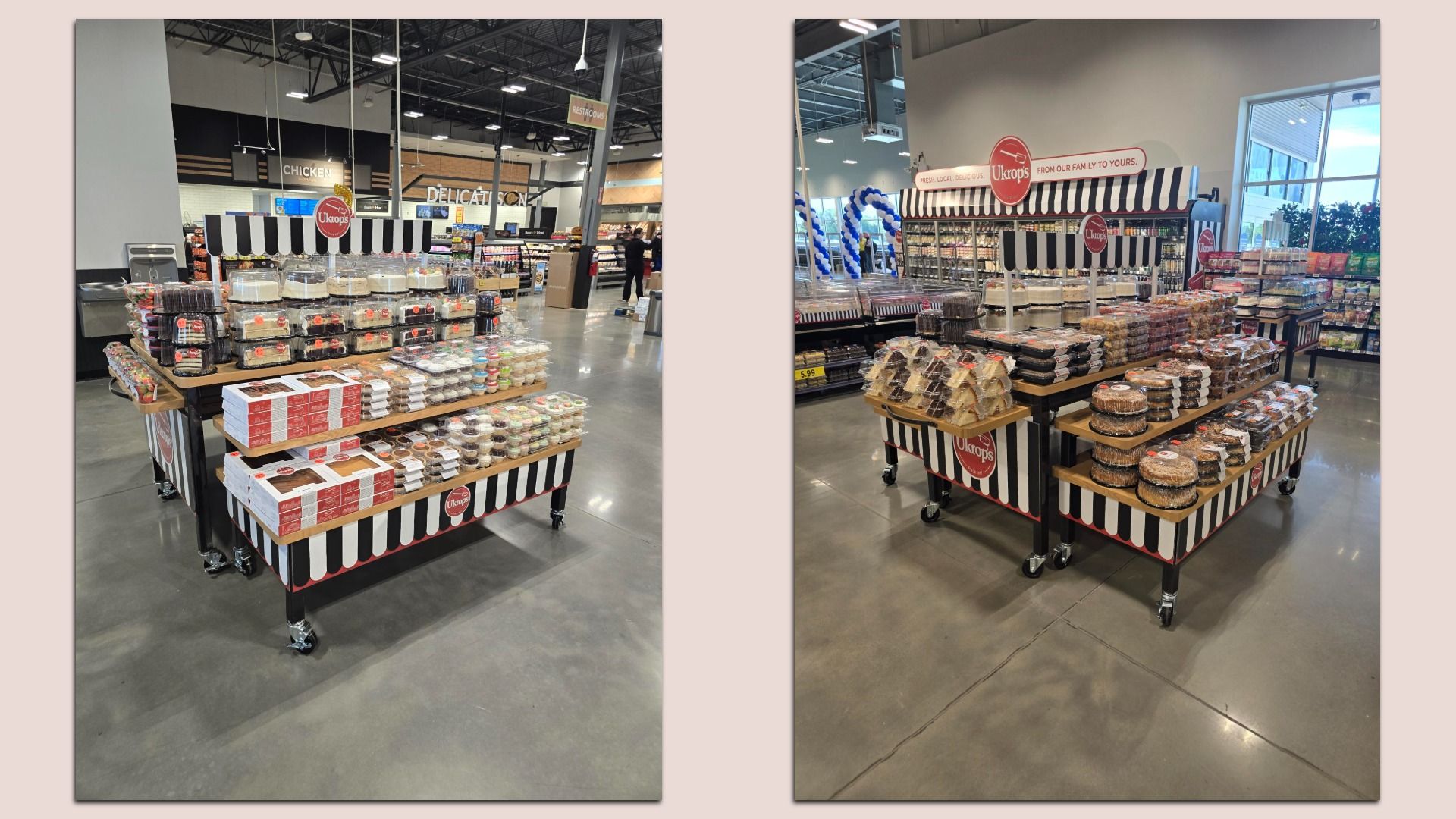 Two bakery carts under striped canopies in a grocery store, filled with cakes, pies, and pastries. Ukrops branding visible; background signs read "Delicatessen" and "Restrooms".