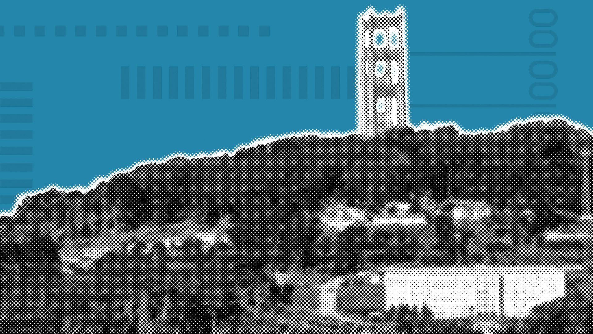 Photo illustration of the Richmond neighborhood of San Francisco and the Golden Gate Bridge over a blue background with elements of ballots.