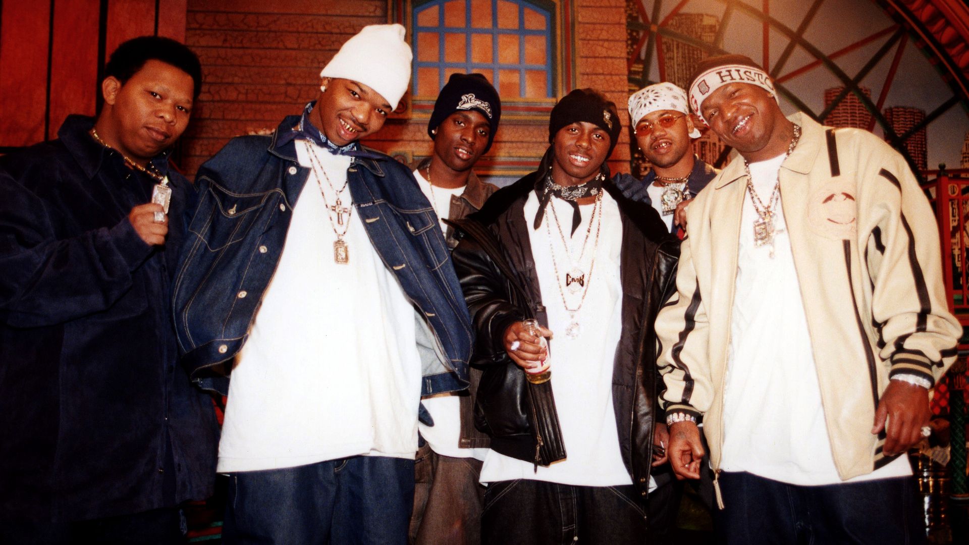 Photo shows an old photo ofRappers Mannie Fresh (Byron Otto Thomas), B.G. (Christopher Noel Dorsey), Turk (Tab Virgil, Jr.), Lil Wayne (Dwayne Michael Carter, Jr.), Juvenile (Terius Gray) and Birdman (Bryan Christopher Williams) of Cash Money Millionaires.