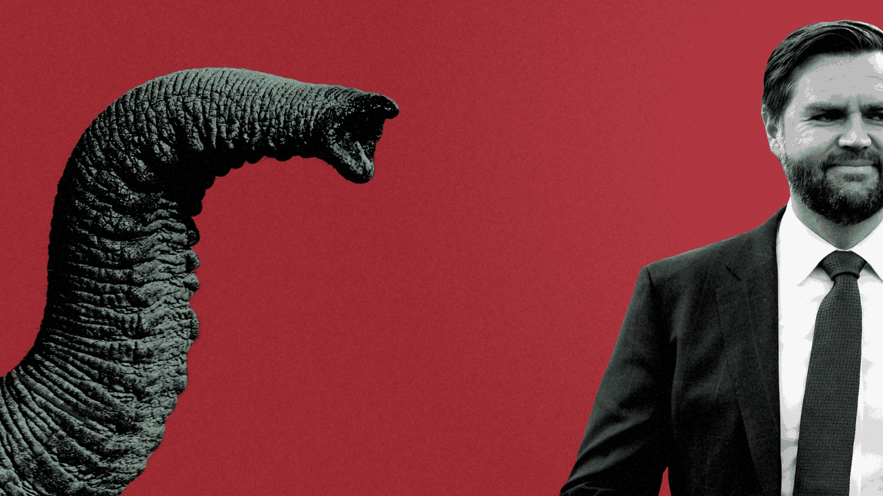 Animated photo illustration of an elephant trunk pointing at J.D. Vance.