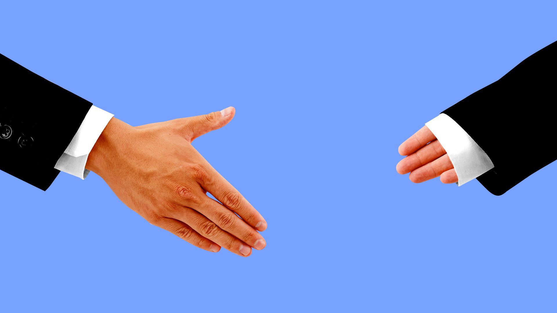 Illustration of two hands, one hand is held out for a handshake the other is retracted within its respective shirt sleeve. 