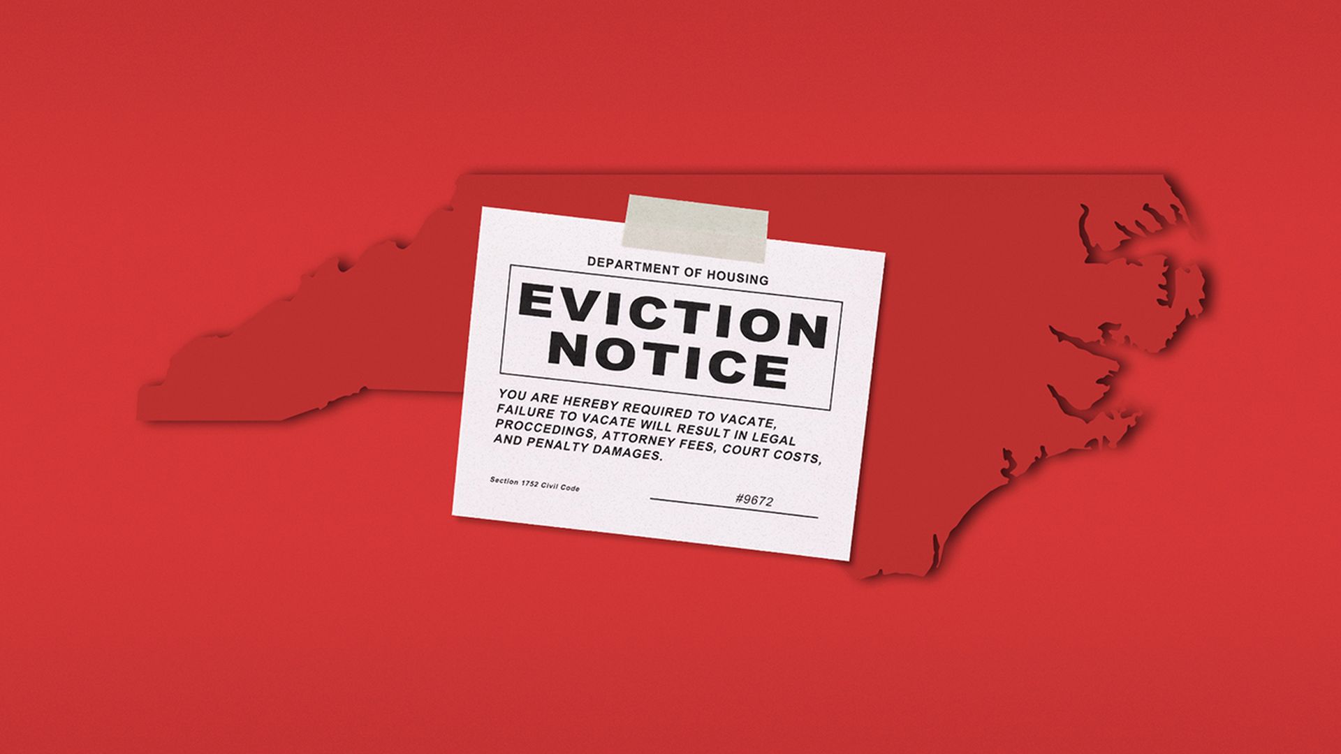 Illustration of an eviction notice taped onto the silhouette of North Carolina.