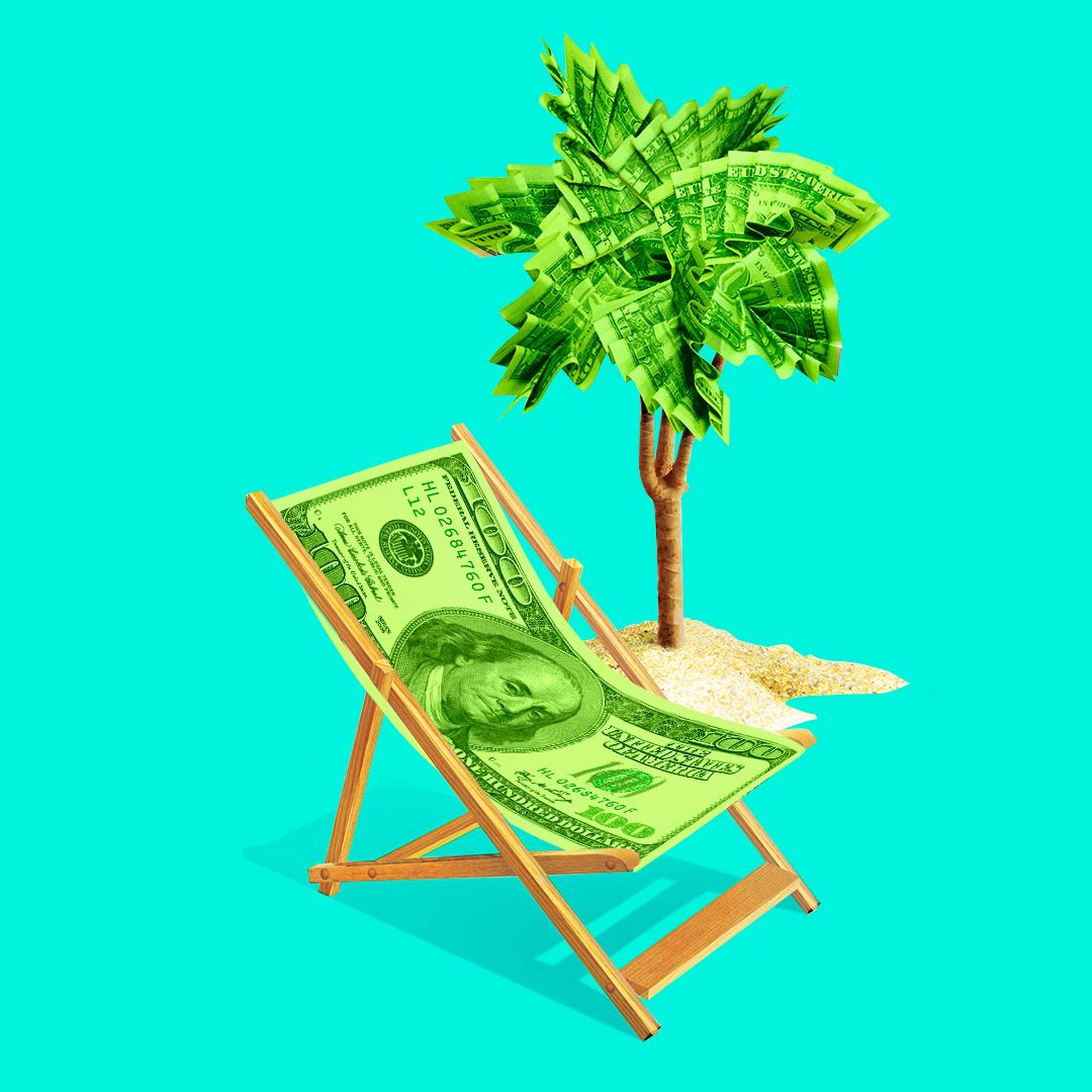 Illustration of a beach chair and palm tree made out of money.