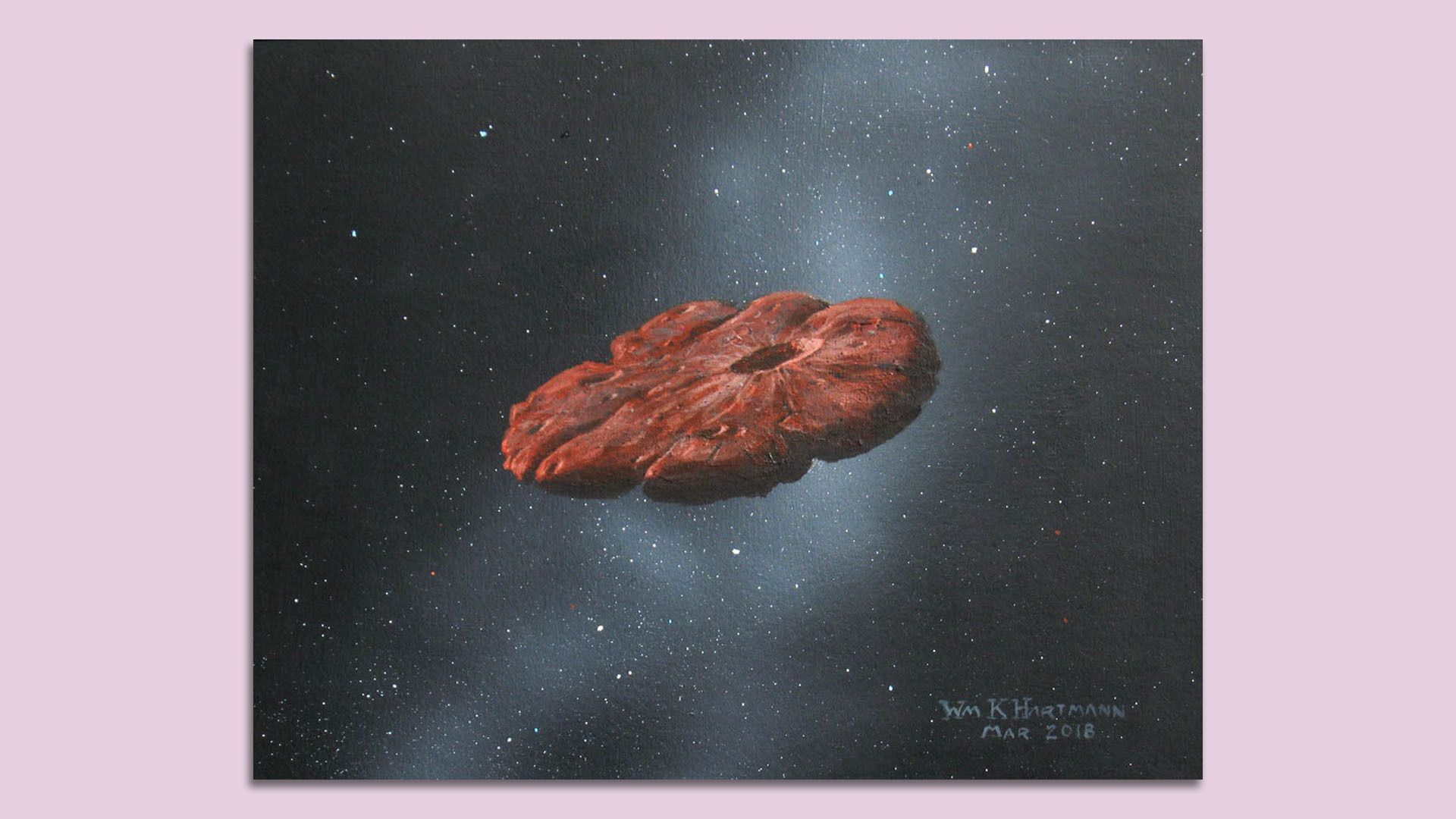 An artist's rendition of Oumuamua, which one Axios visuals editor referred to as a "steak in space."