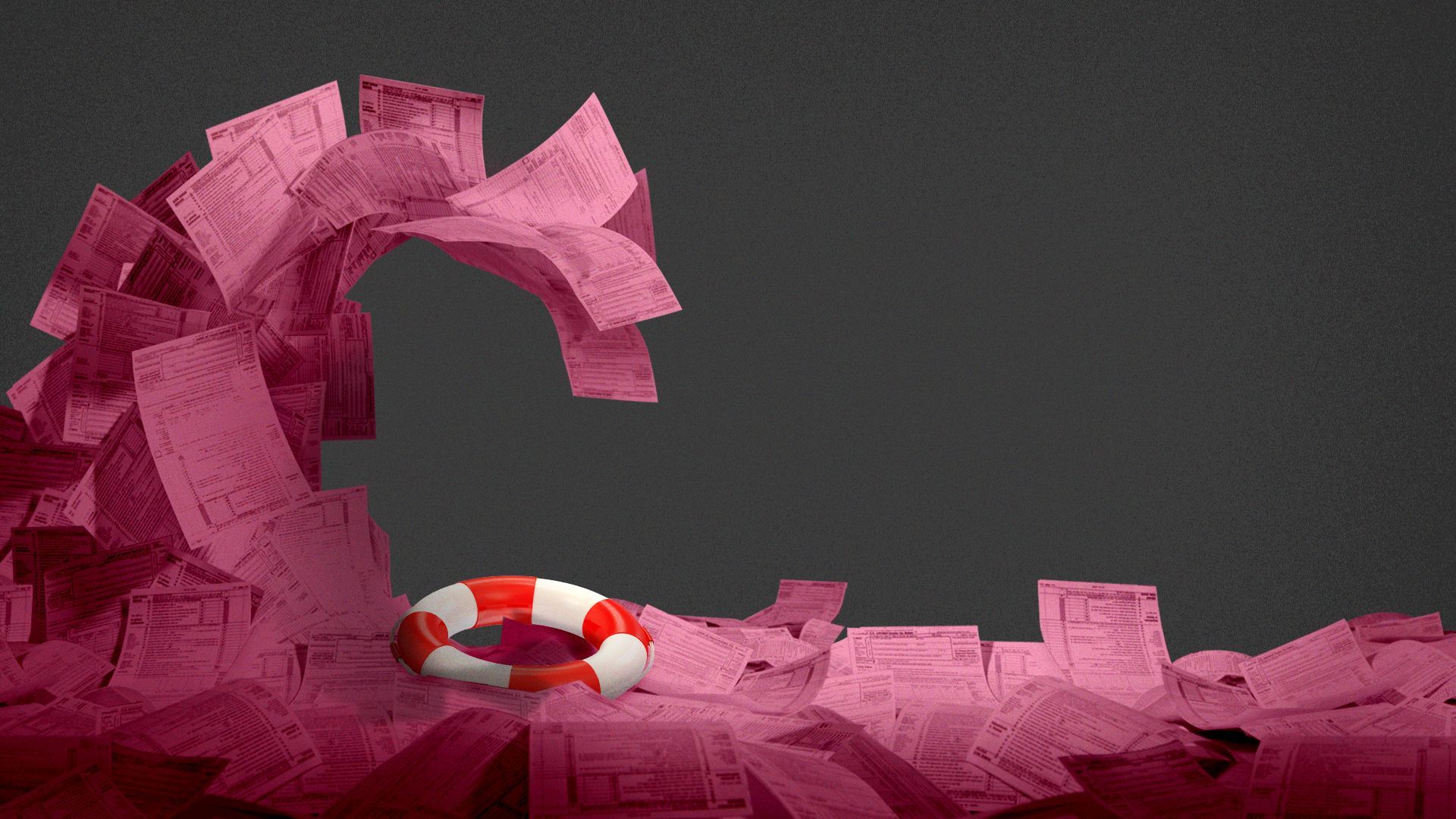 Illustration of a wave made out of pink slips, about to crash onto a life preserver.