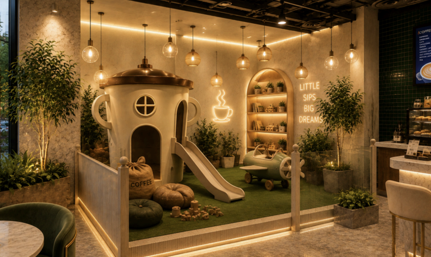 Cozy cafe interior with a whimsical playhouse and slide on artificial grass, a toy car and cushions; warm neon coffee sign, potted plants, and shelves, with the sign "LITTLE SIPS BIG DREAMS".