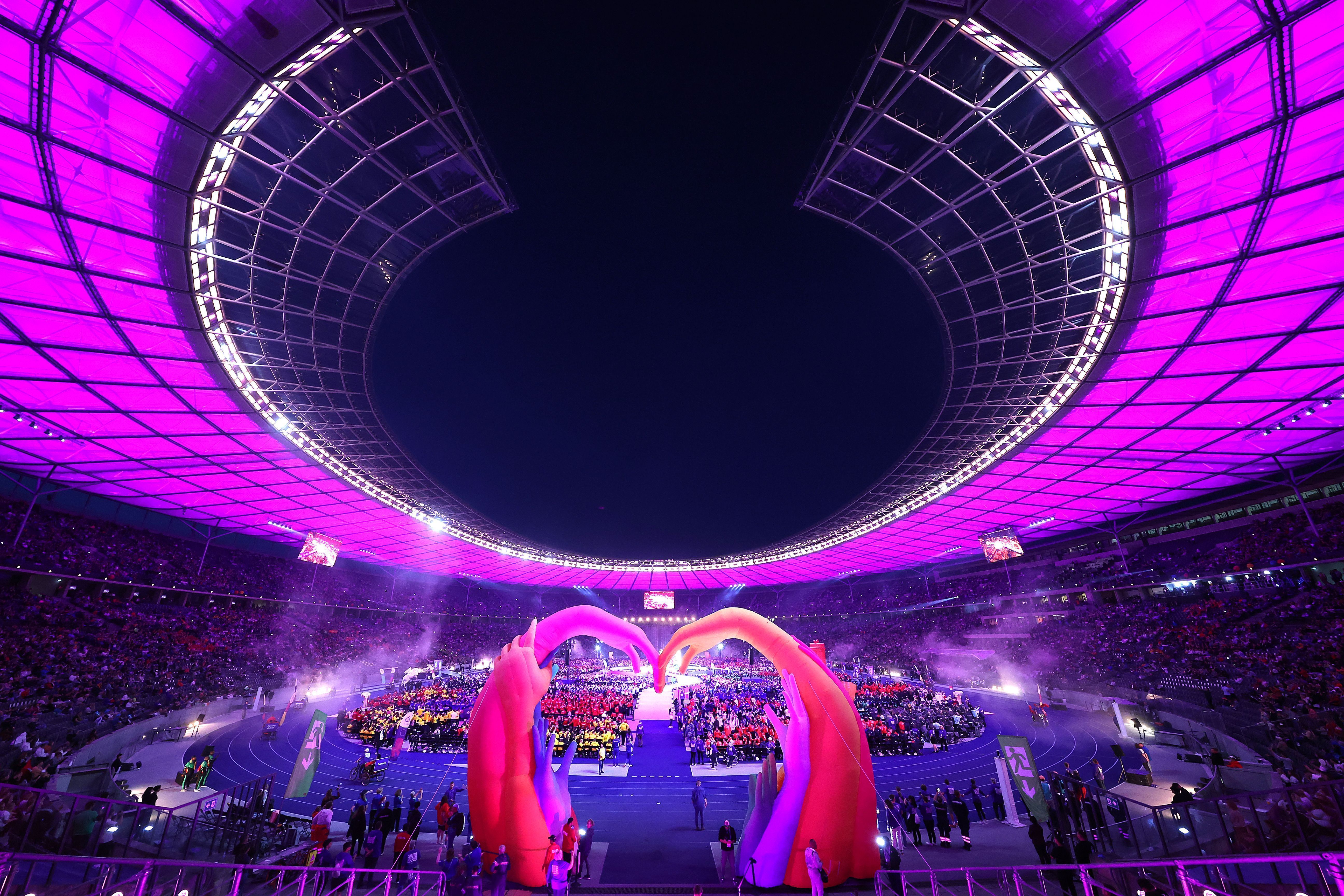 The stadium glows purple during the opening ceremony of the Special Olympics World Games Berlin 2023. 