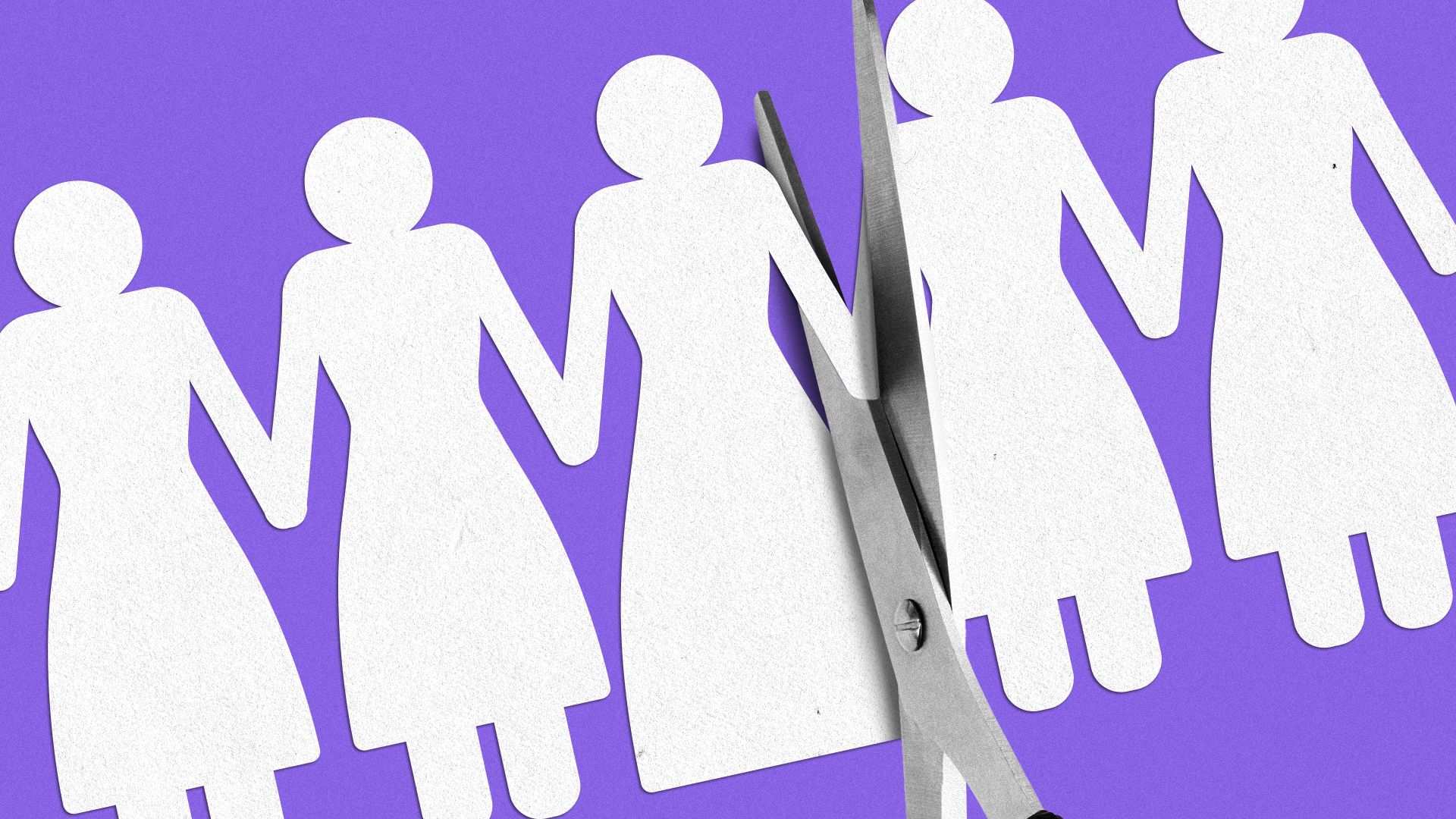 Illustration of scissors cutting off bridesmaids from a paper chain bridal party.