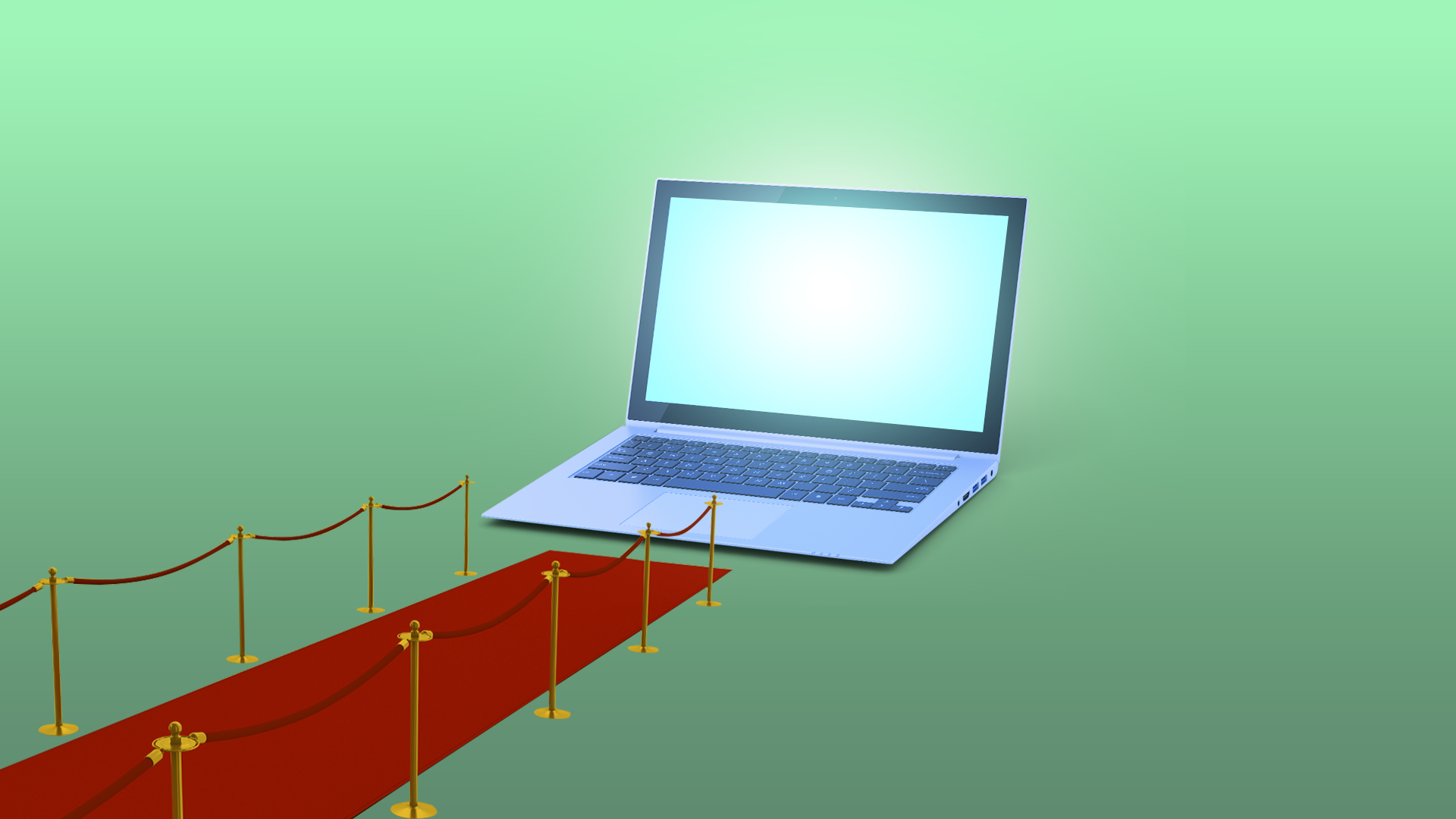 An open laptop with a bright blue screen sits on a pale blue surface, beside a red carpet roped off by gold stanchions, set against a soft green gradient backdrop.