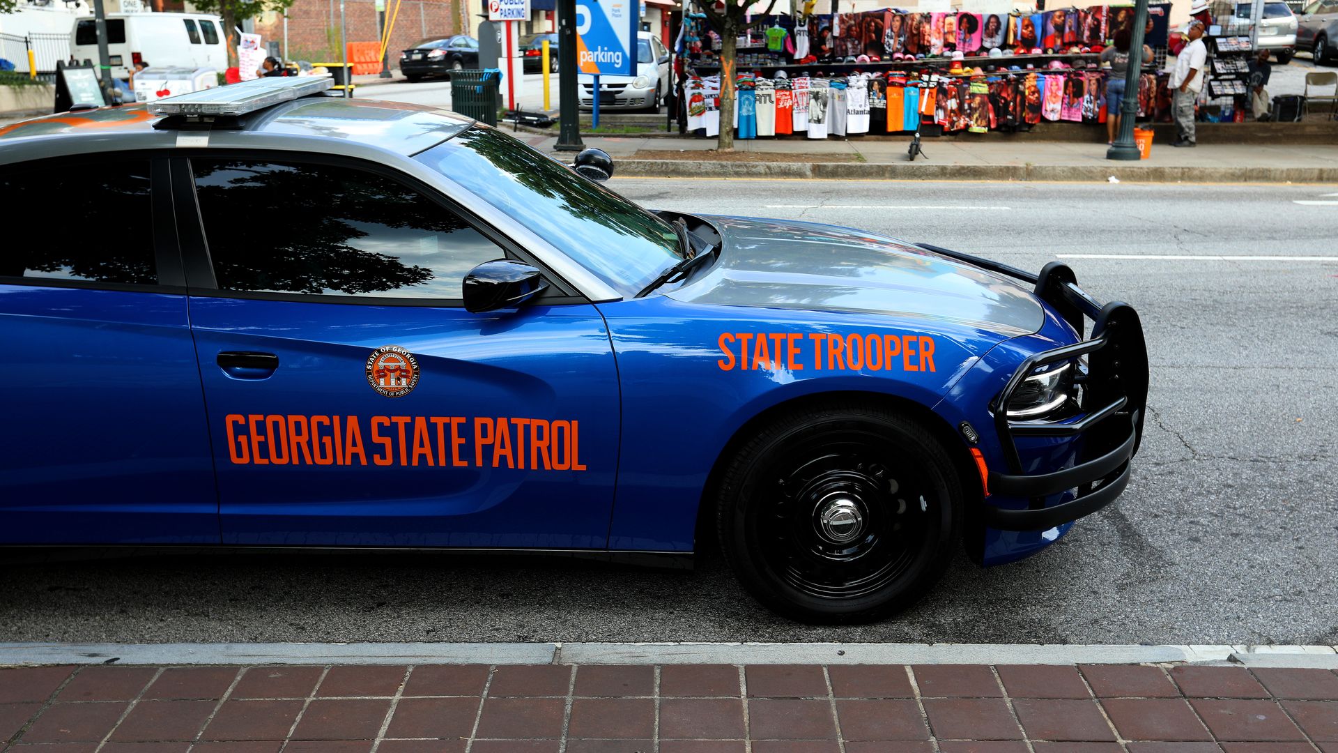 A Georgia State Patrol vehicle is parked alongside a street in Atlanta, Georgia.