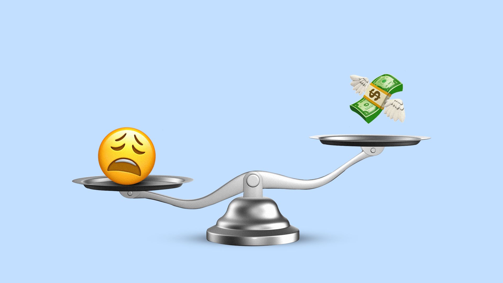 Illustration of a see saw with frustrated emoji on one side and a money emoji on the other