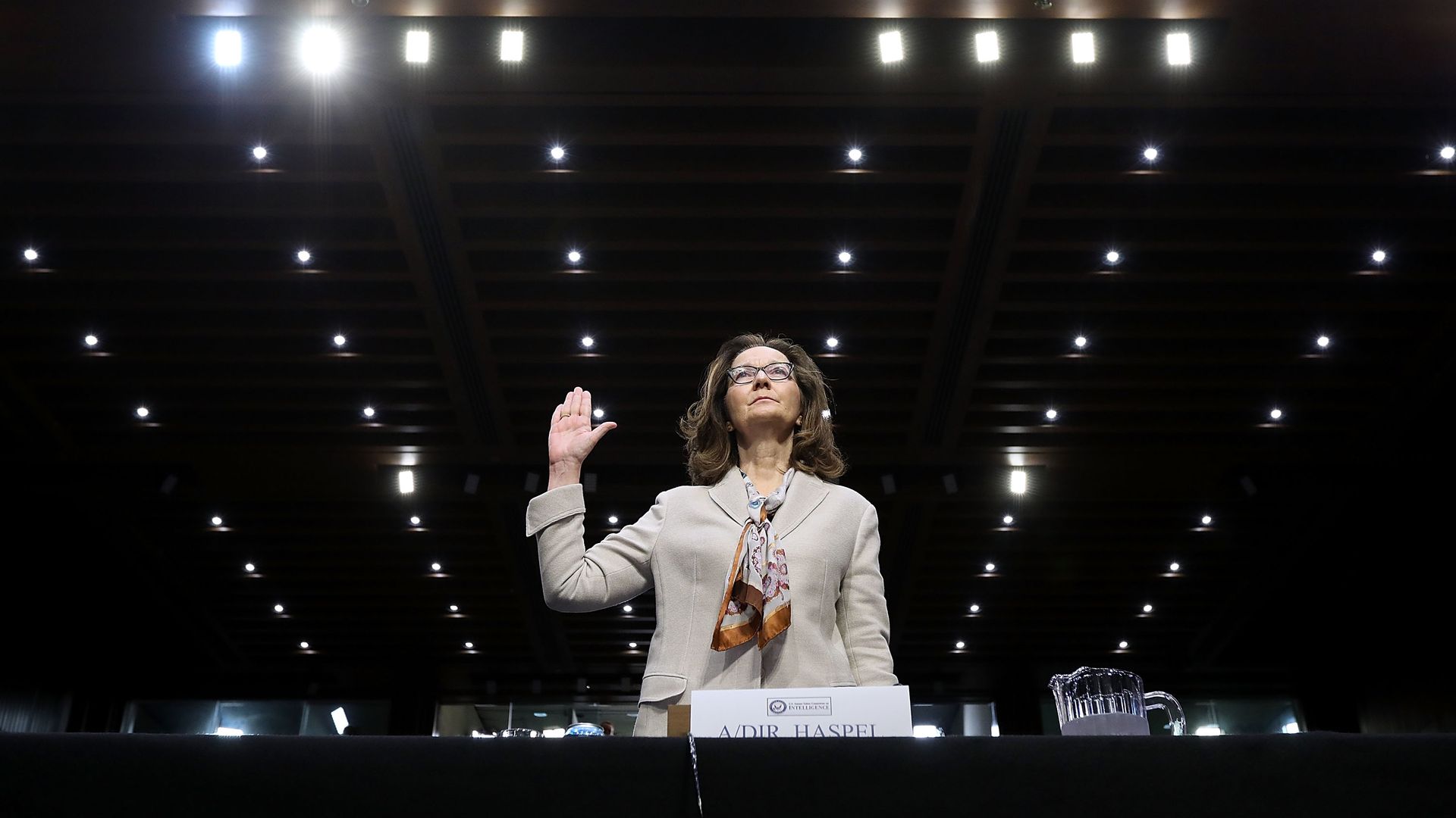 Gina Haspel is sworn in before the Senate Intelligence Committee. 