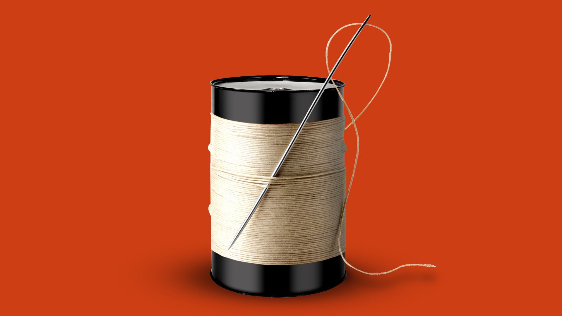 Illustration of an oil drum with a needle and string wrapped around it as if it were a spool.   