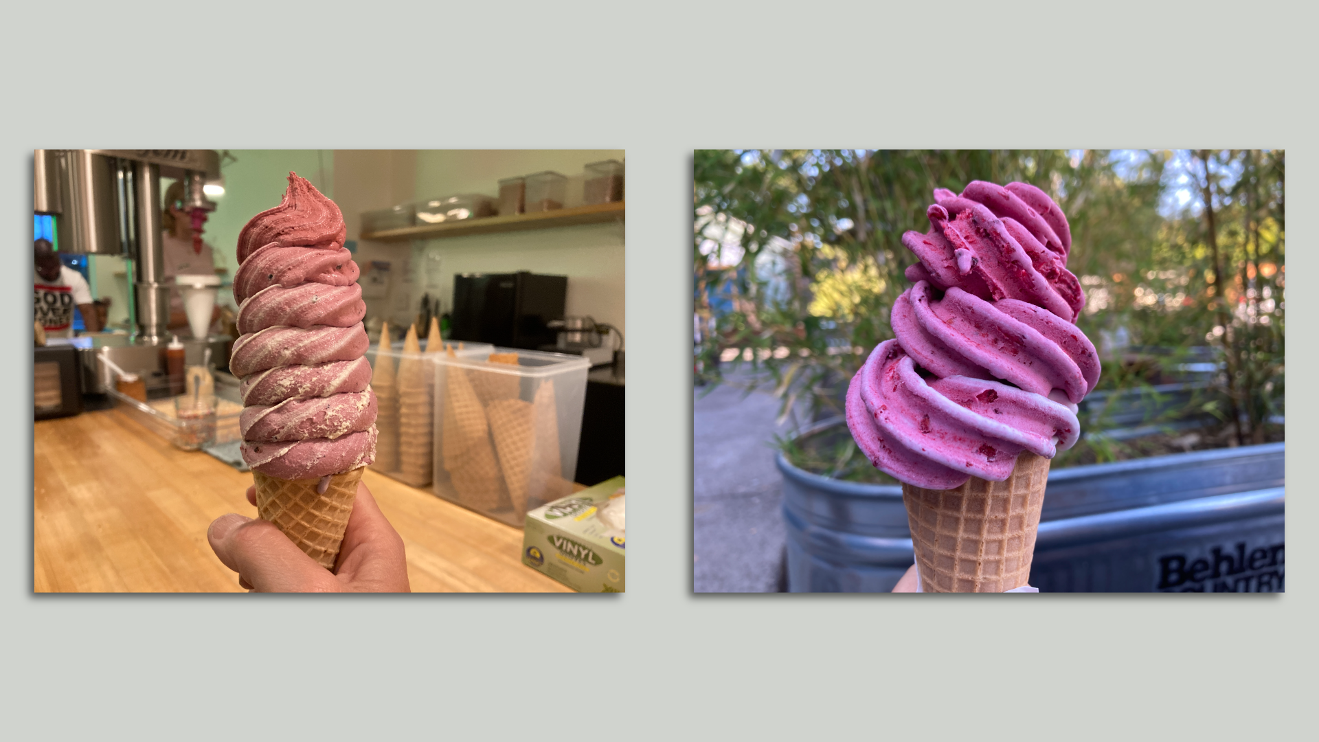 Two pictures of similar soft serve ice cream cones side by side. The one on the left is taller and lighter pink, the one on the right is shorter and bright magenta.