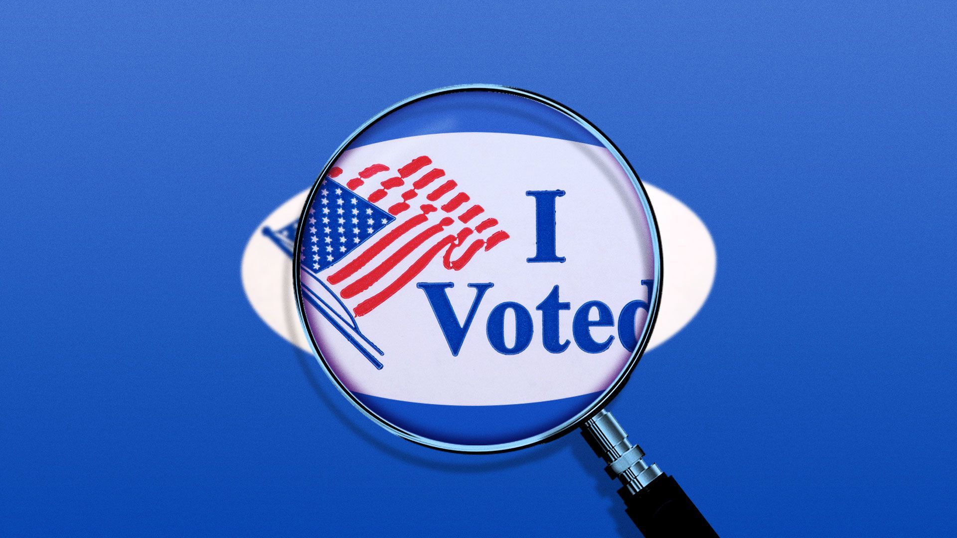 Illustration of a magnifying glass over a “I voted” sticker
