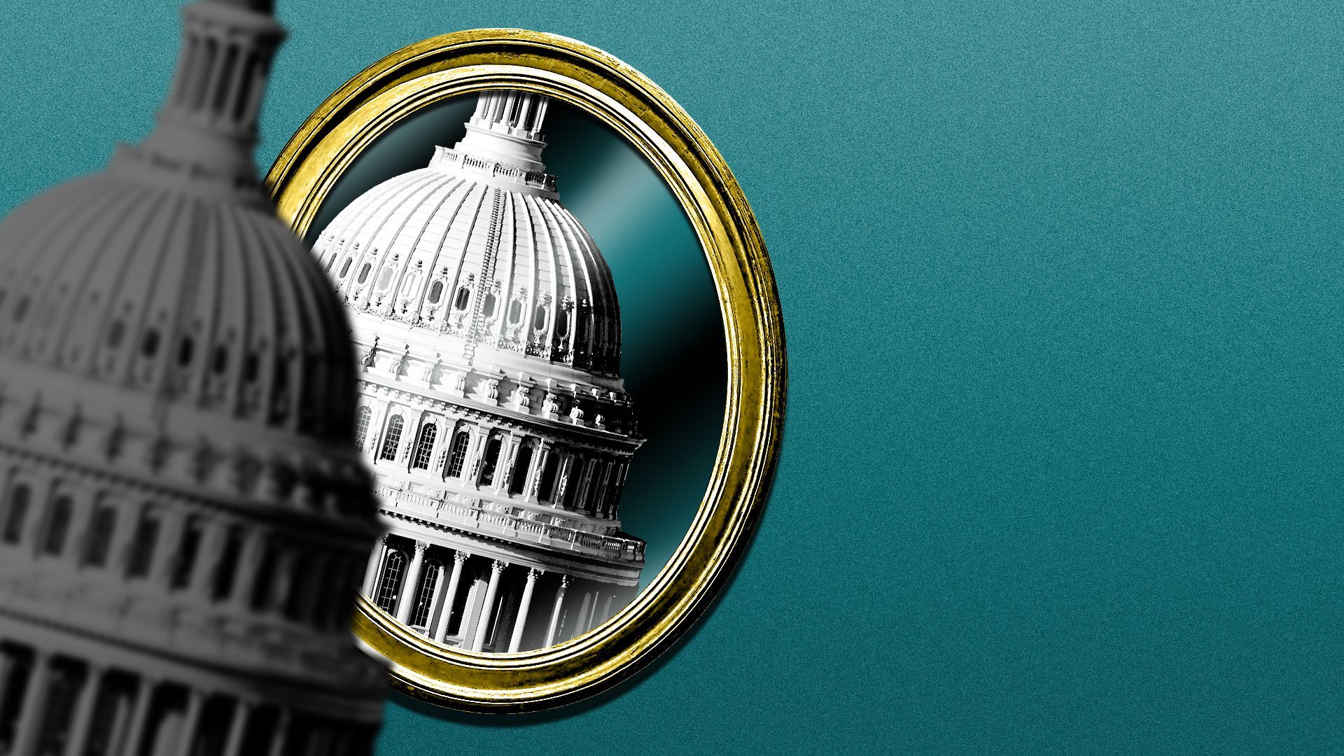 Illustration of the U.S. Capitol dome looking at itself in a mirror.