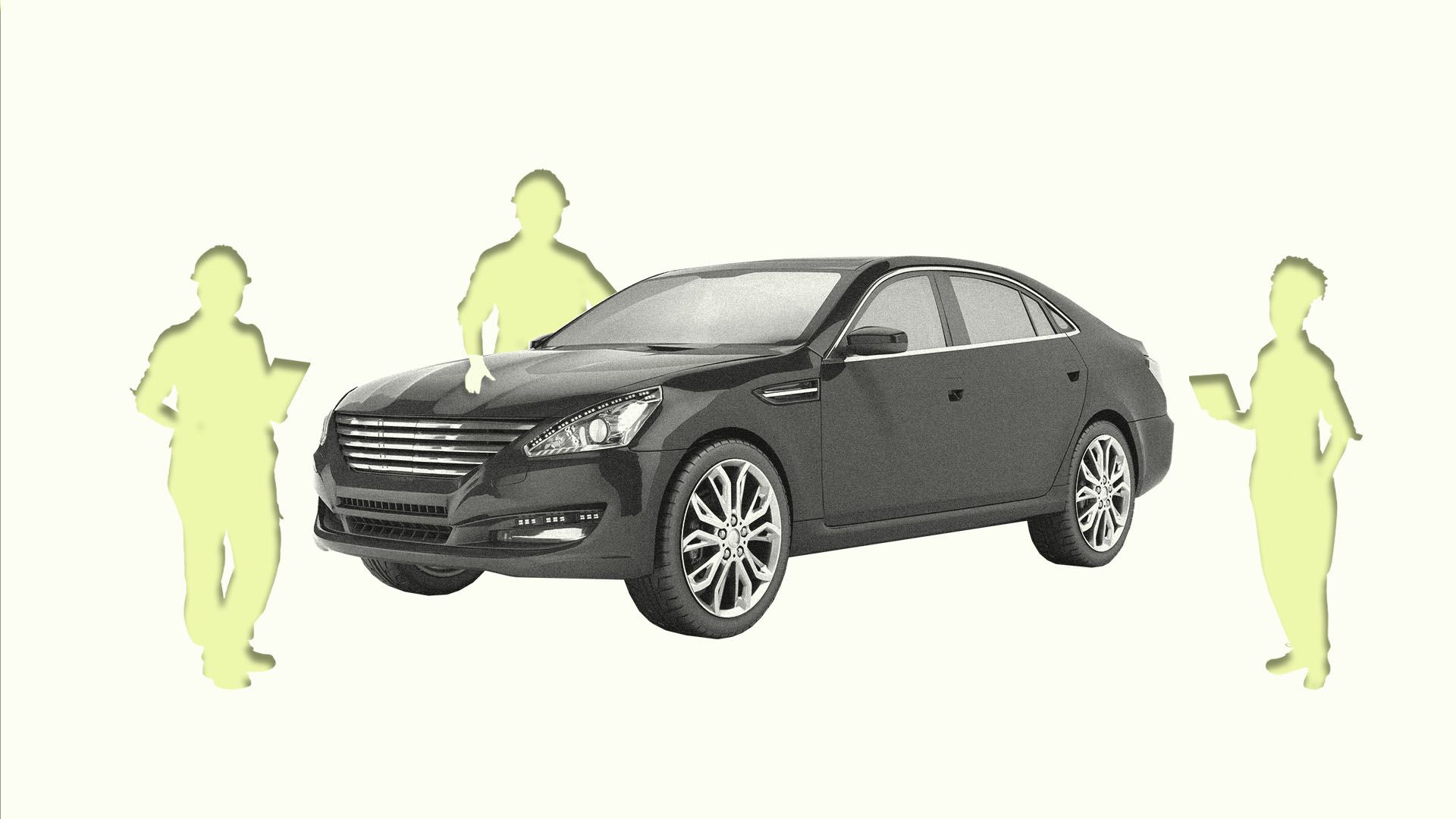 Illustration of experts missing around car