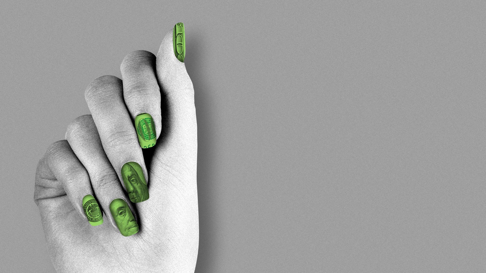 Illustration of a hand with green money stylized nail polish.   