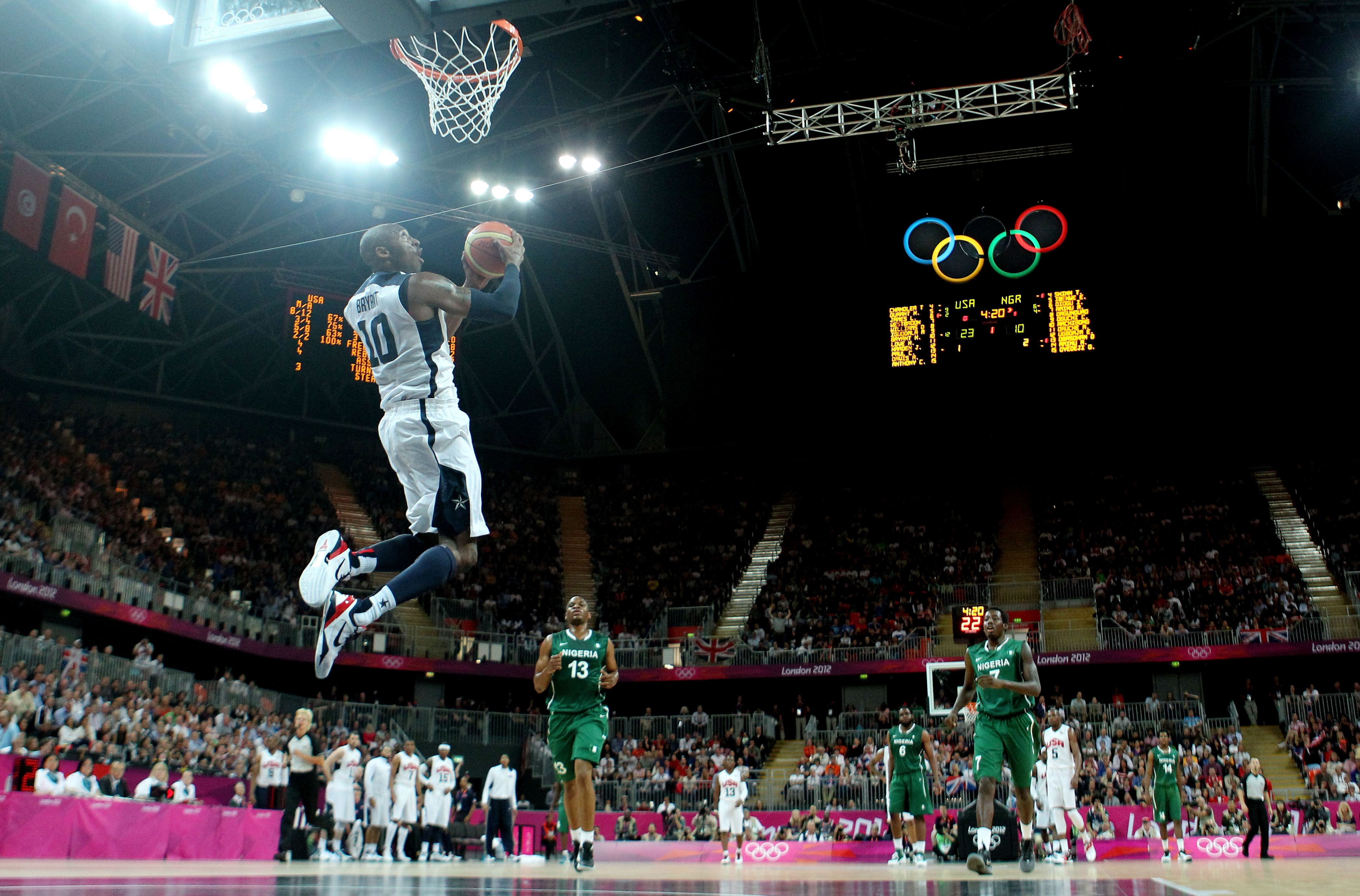 Kobe Bryant #10 of United States slam dunks against Nigeria in the first half during the Men's Basketball Preliminary Round match on Day 6 of the London 2012 Olympic Games